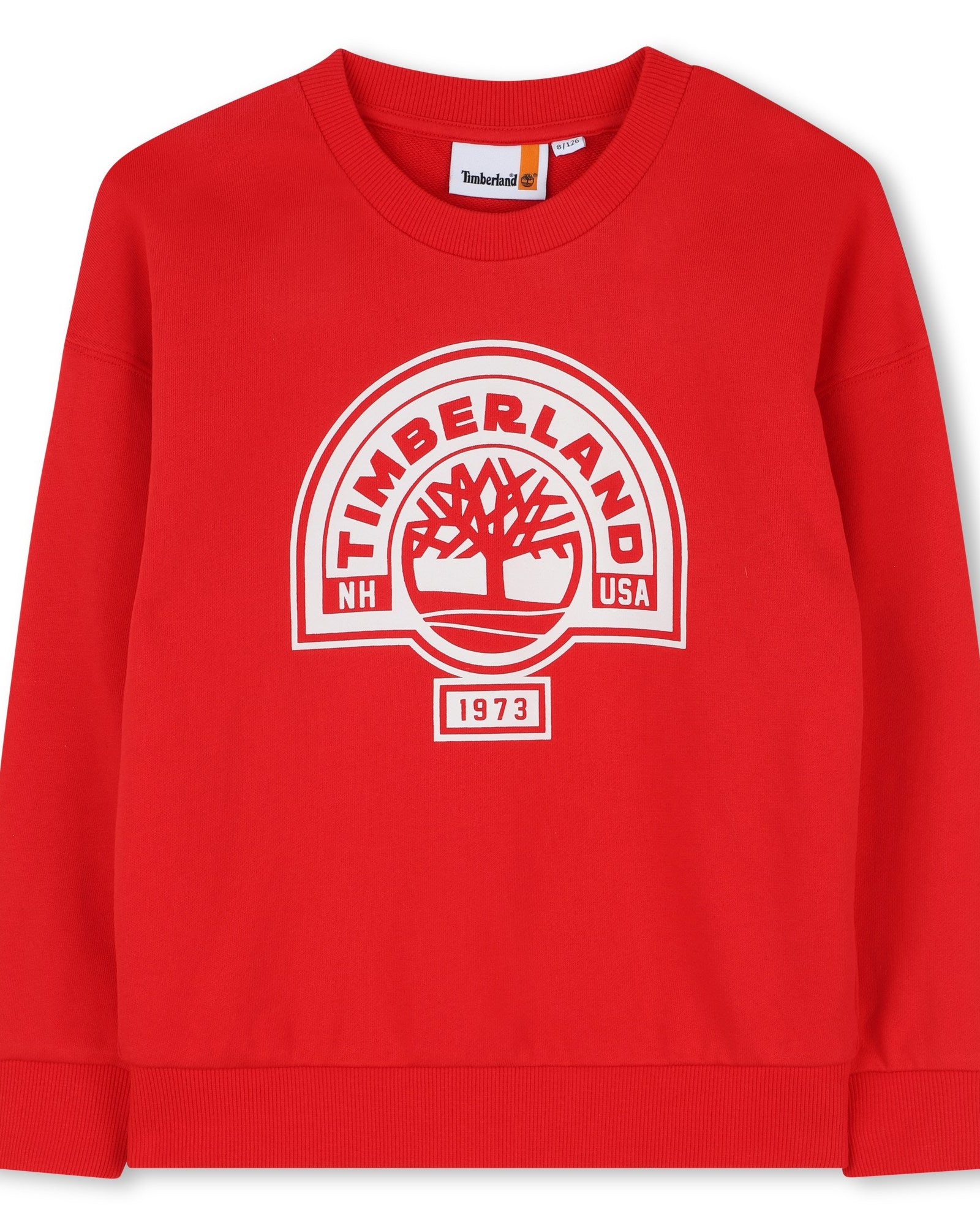 Timberland boys red sweatshirt front view with logo print
