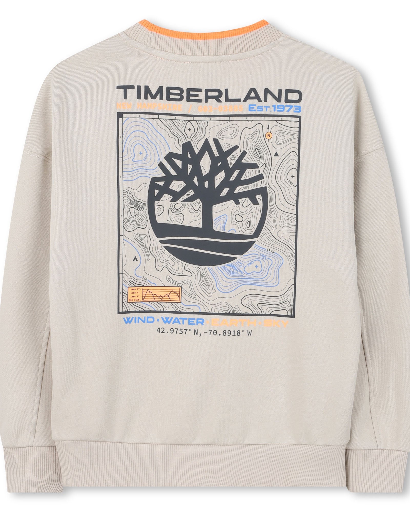 Timberland boys beige sweatshirt back view with map-style logo print