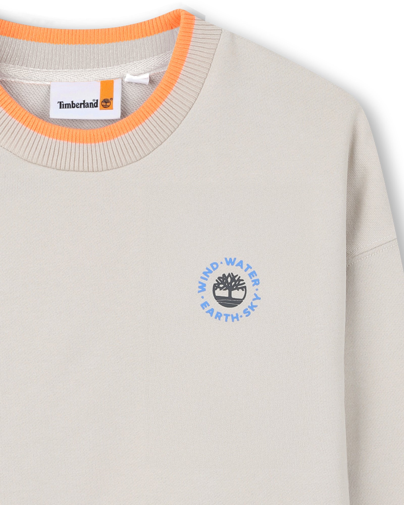 Timberland boys beige crew neck sweatshirt close-up with orange trim
