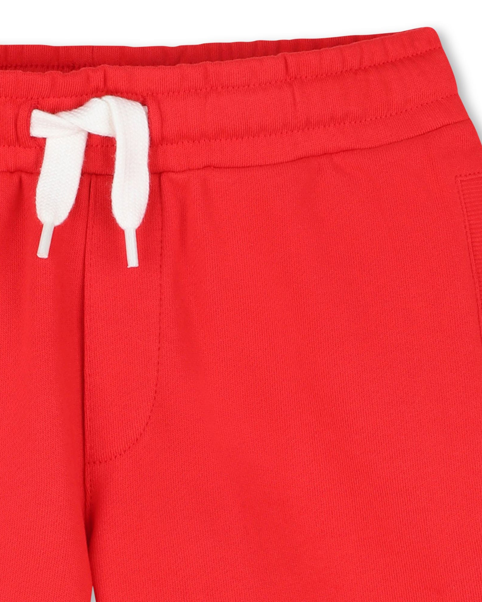 Timberland boys red jersey shorts close-up with drawstring waist