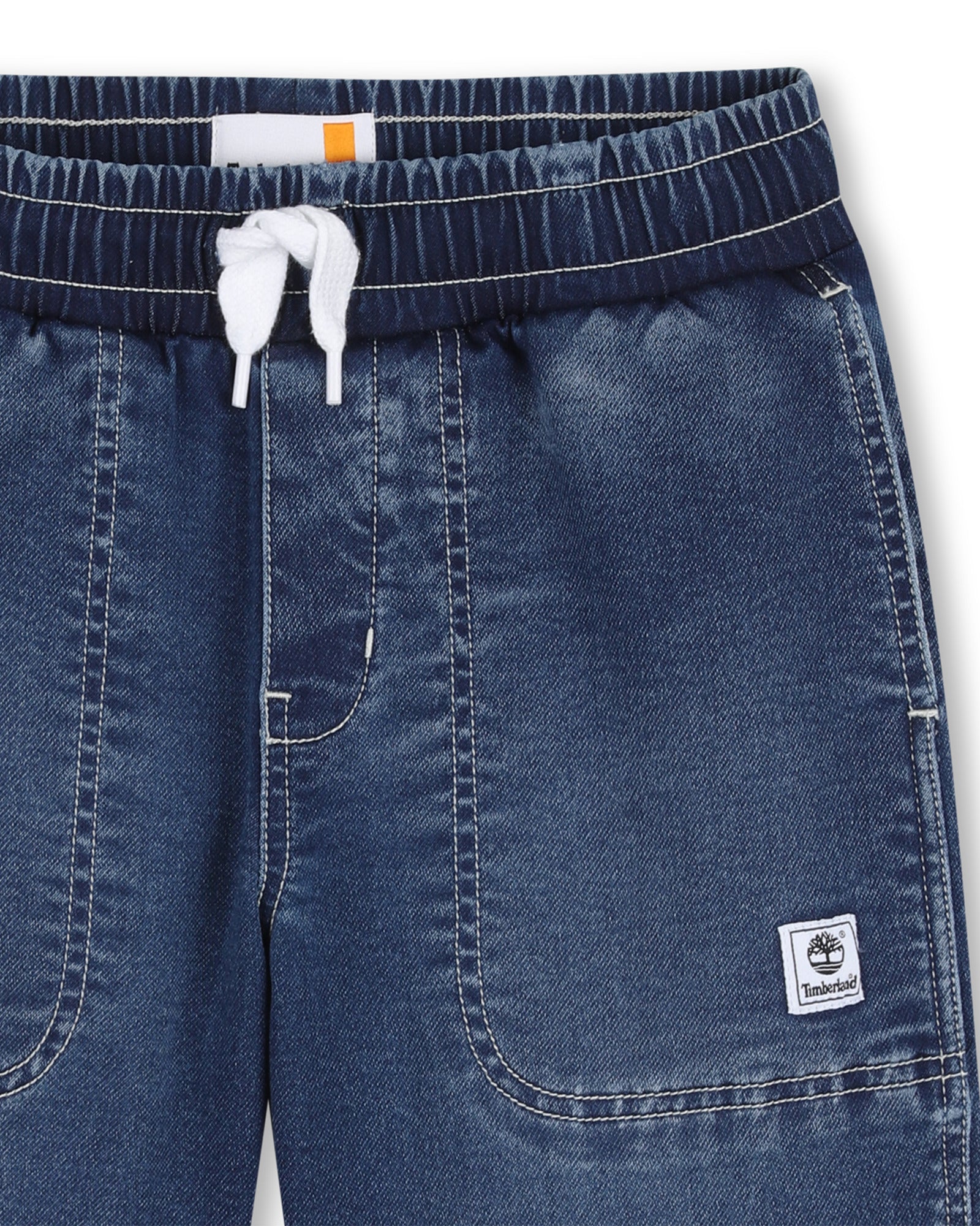 Timberland boys pull-on denim shorts close-up with white drawstring