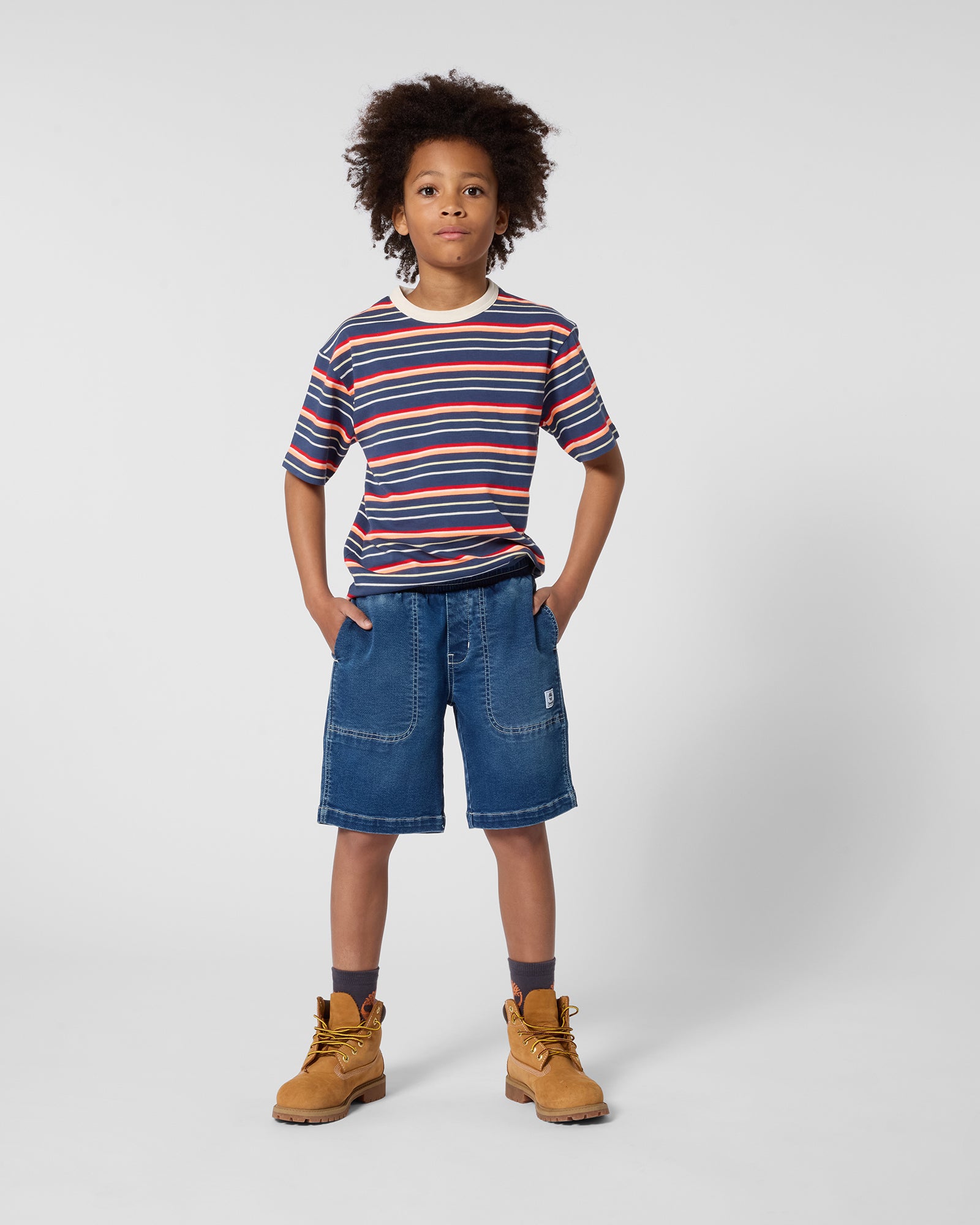 Timberland boys denim Bermuda shorts styled with striped T-shirt
