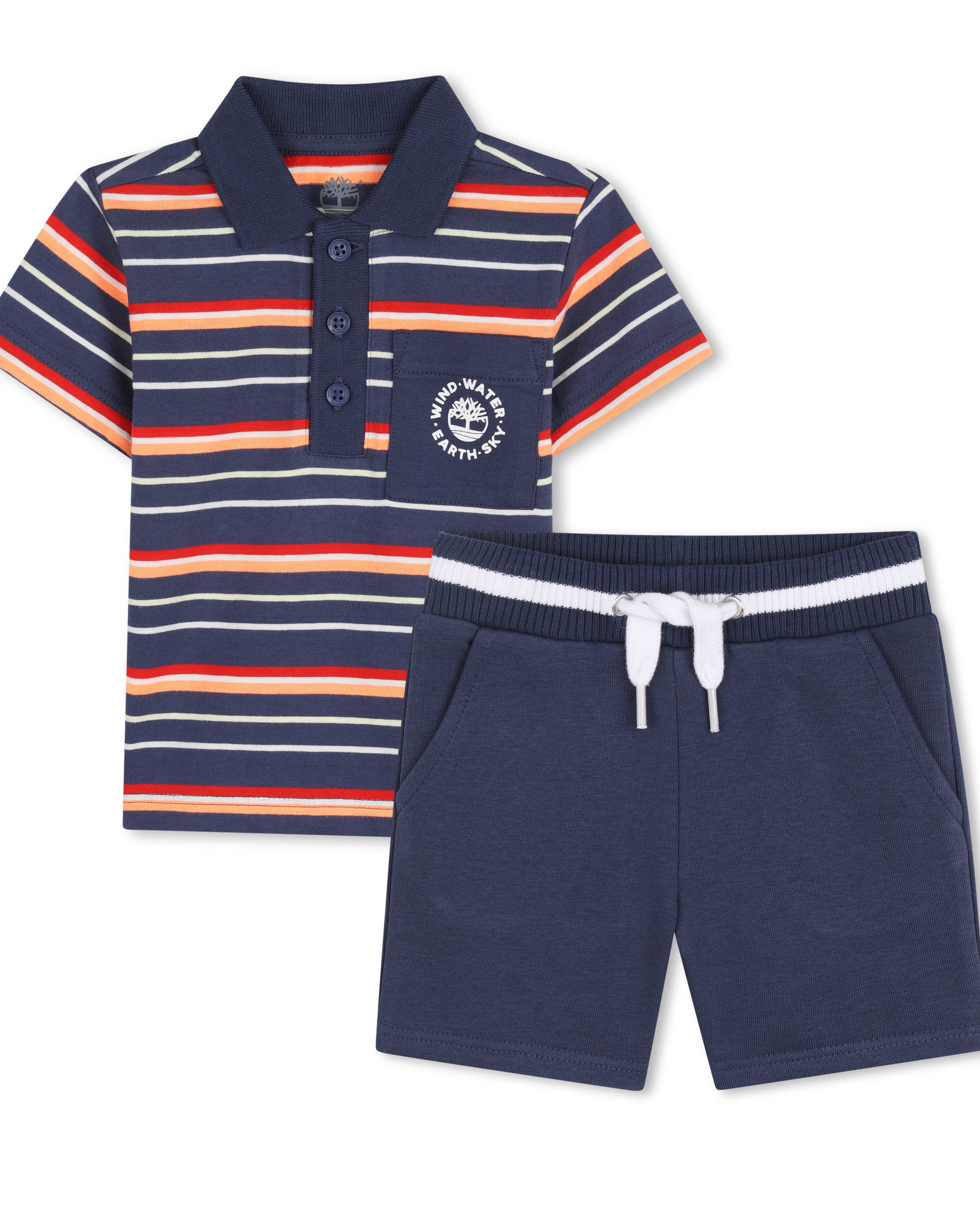 Timberland boys navy striped polo shirt and shorts set front view