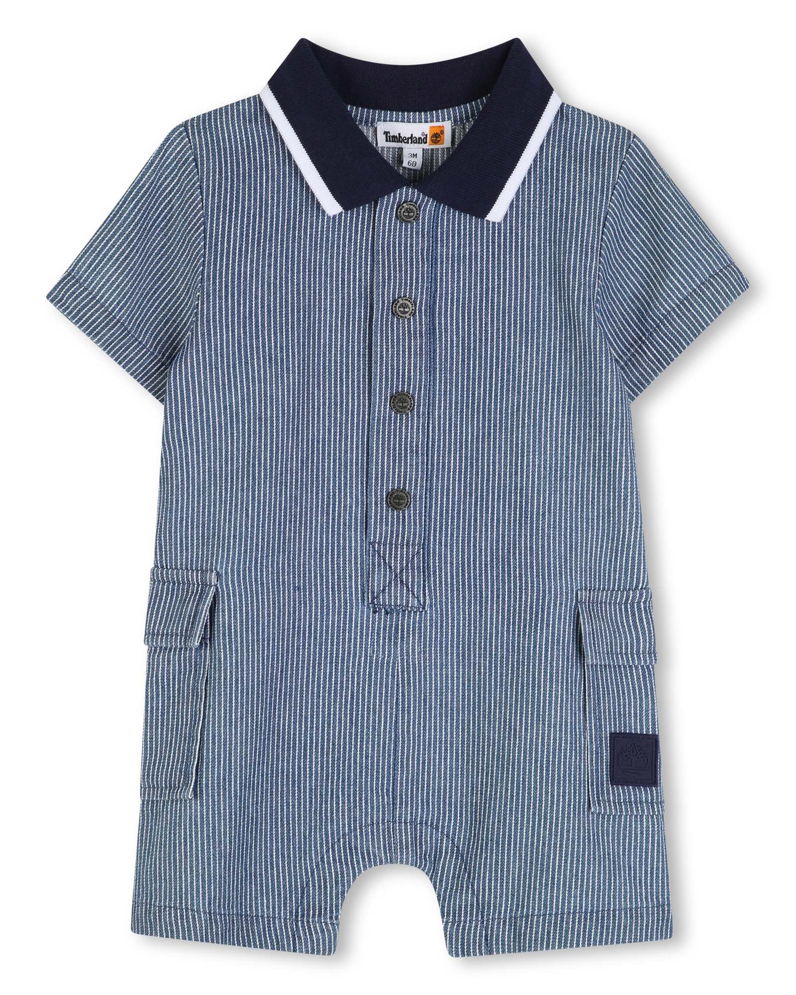 Timberland baby boys blue striped polo all in one romper front view