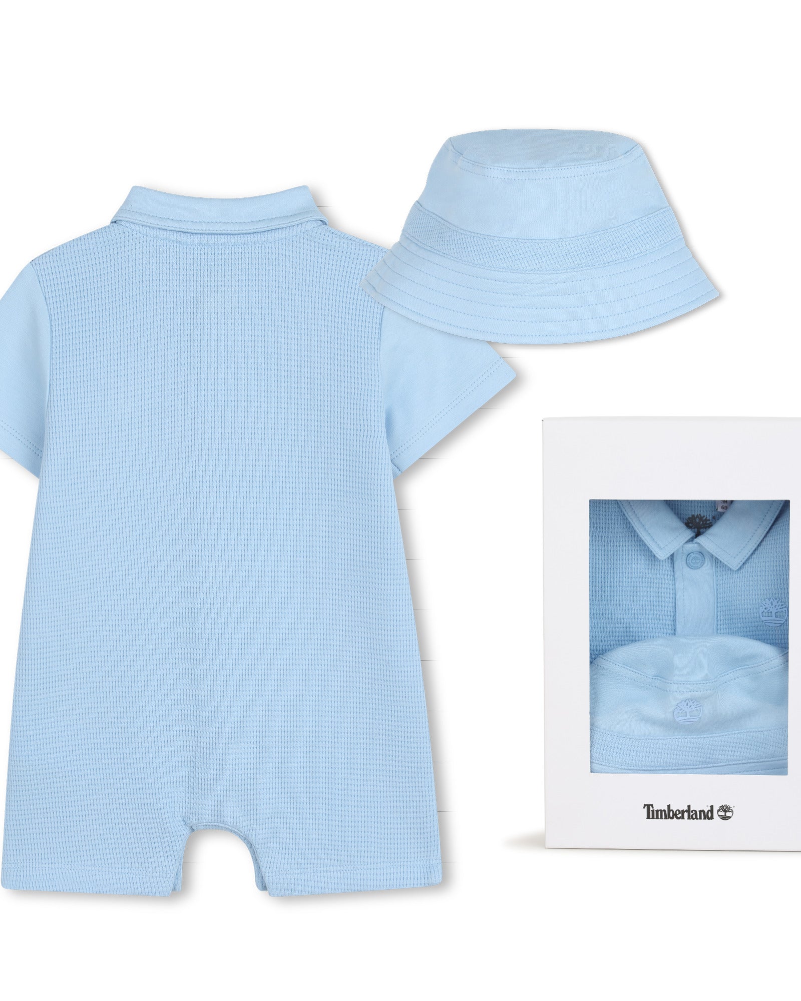 Timberland baby boys pale blue short all in one back view