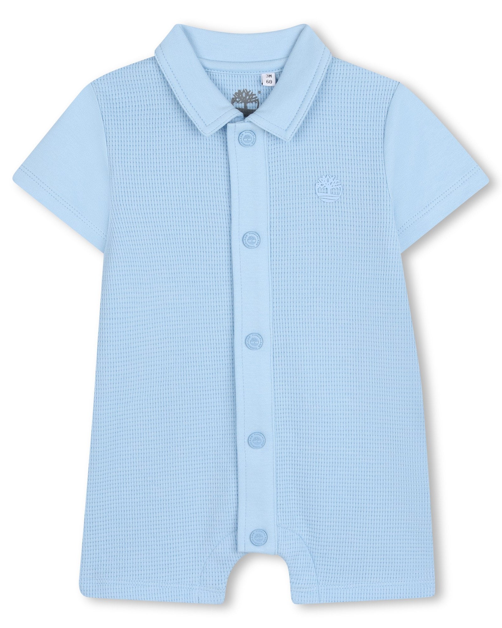 Timberland baby boys blue short sleeve romper front view