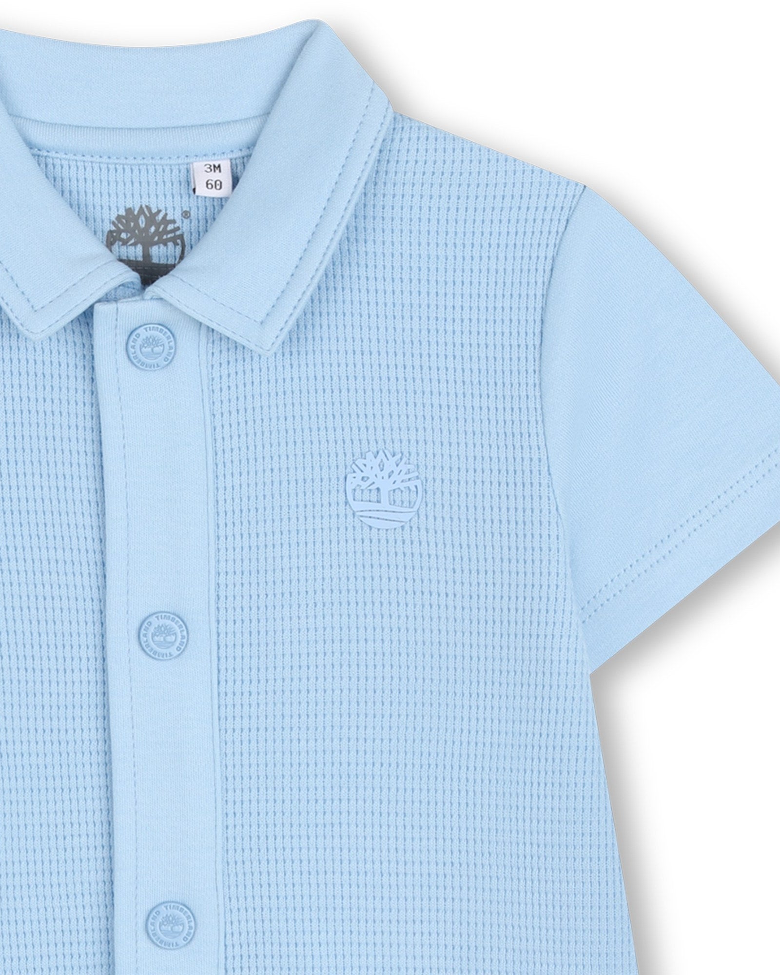 Timberland baby boys blue romper close-up with collar detail