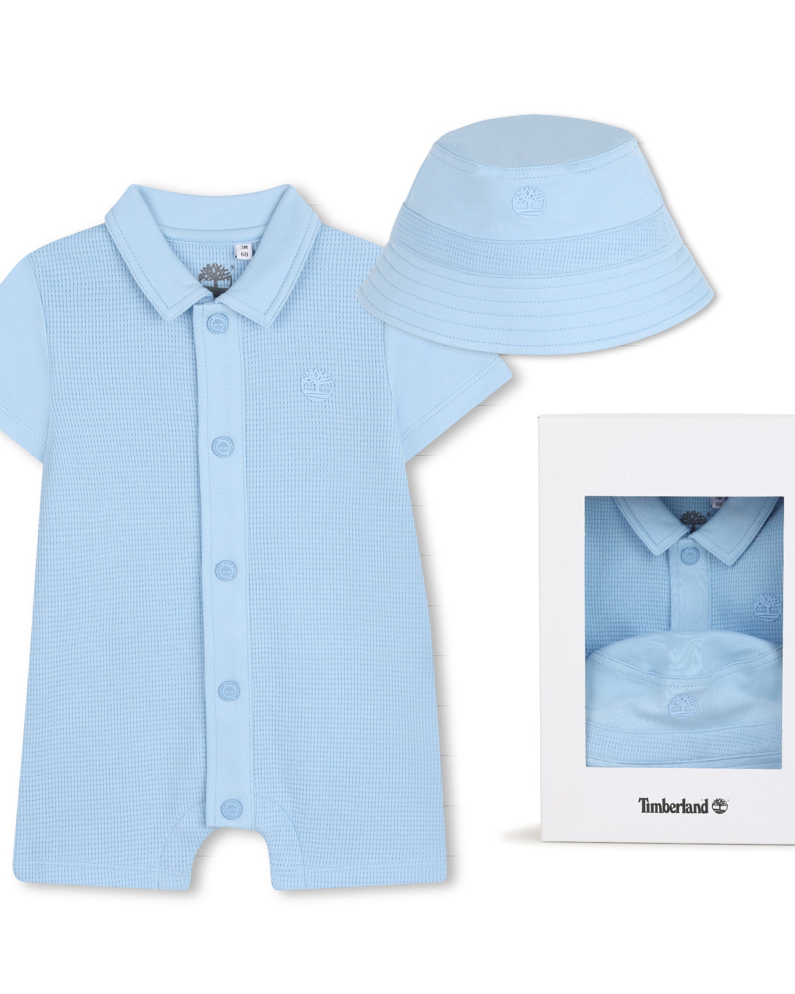 Timberland baby boys blue all in one and bucket hat gift set