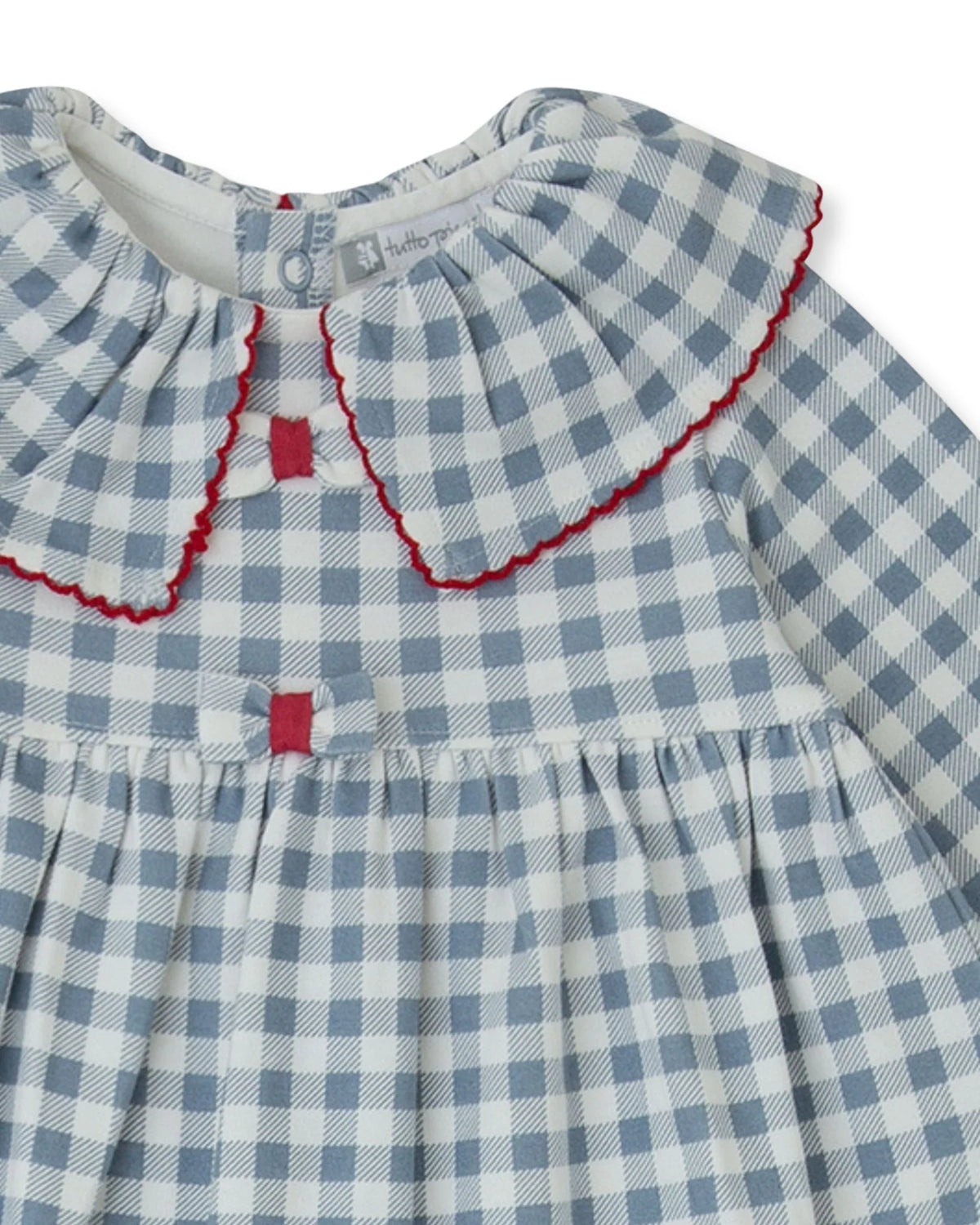 Close-up of Tutto Piccolo indigo gingham dress red embroidered collar