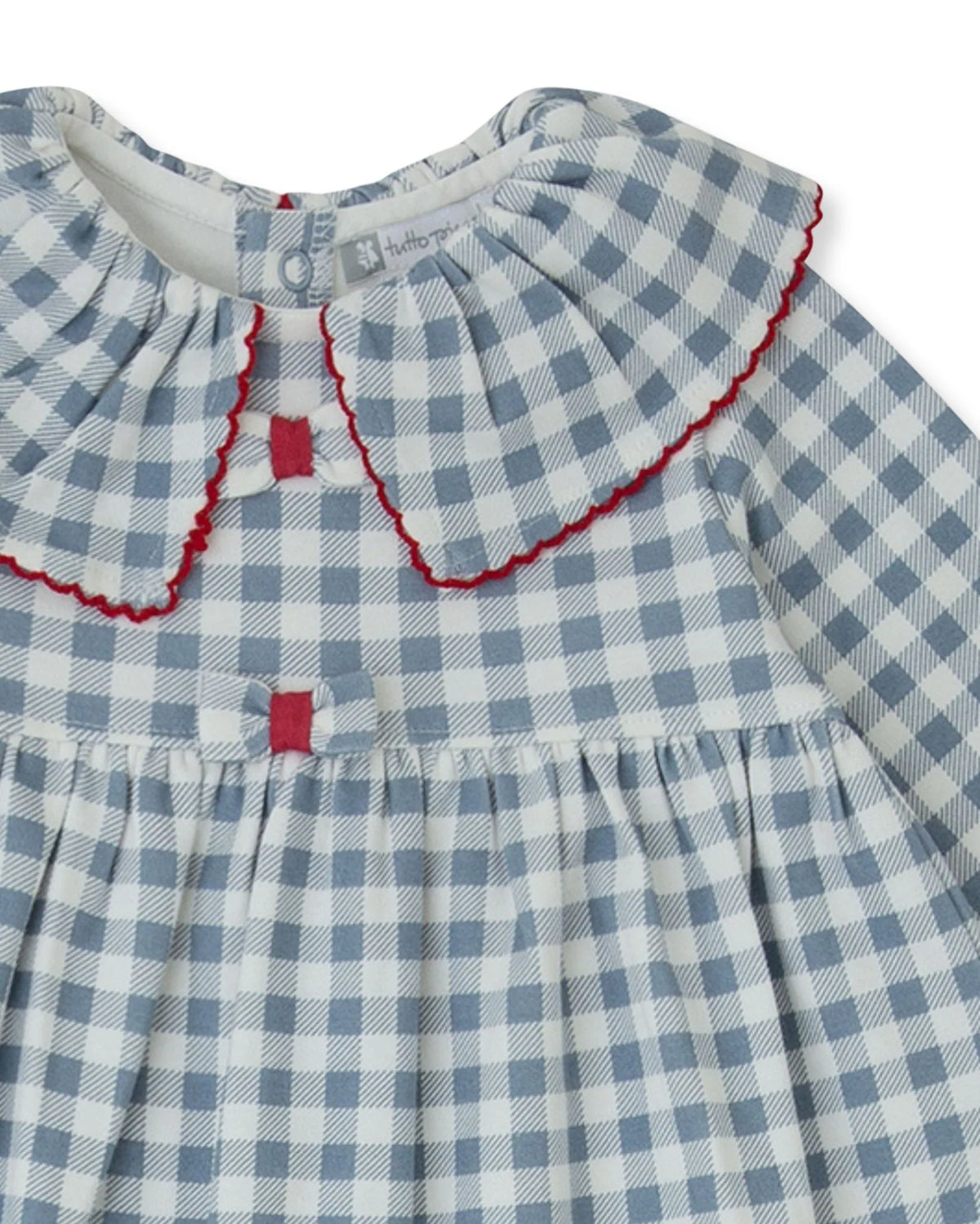 Close-up of Tutto Piccolo indigo gingham dress red embroidered collar