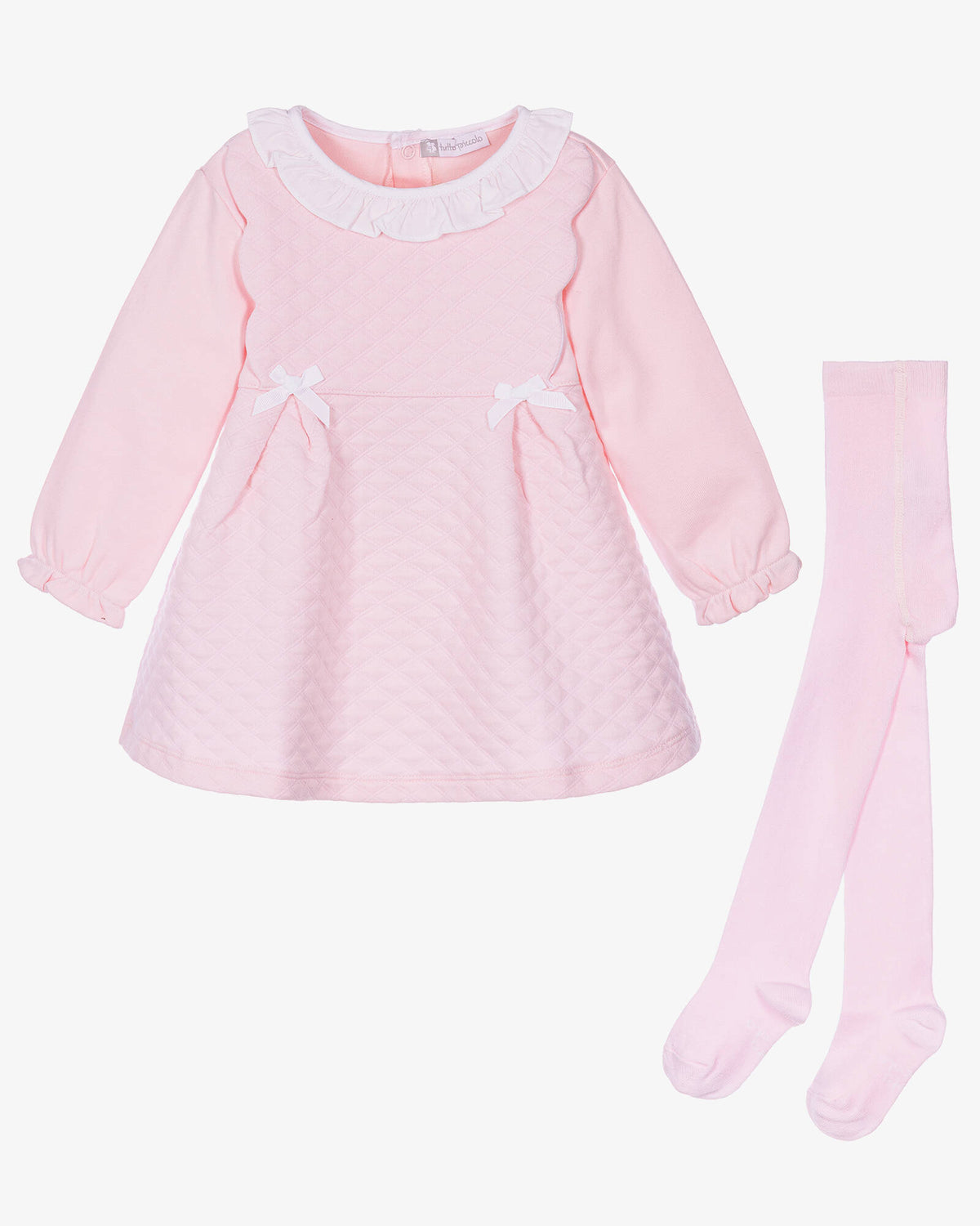 Tutto Piccolo baby girls pink quilted dress and matching tights set with white ruffle collar