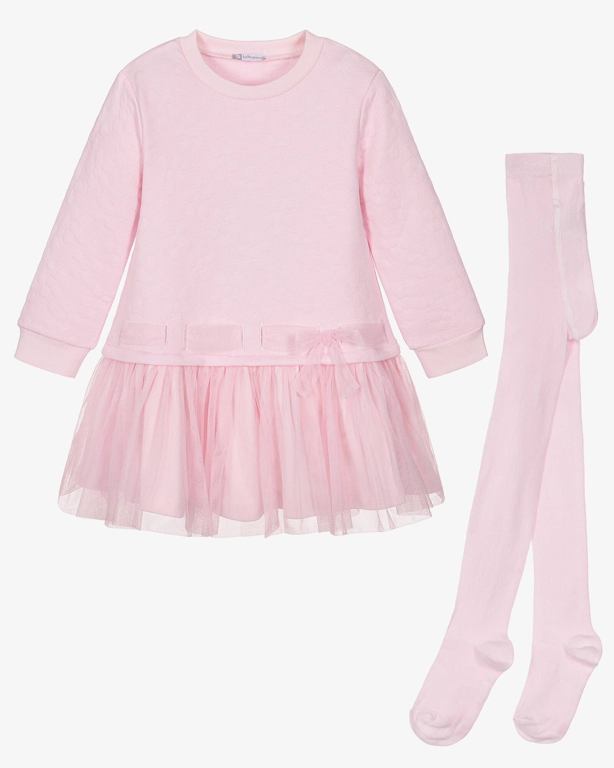 Tutto Piccolo girls pink tulle dress and matching tights set with bow detail