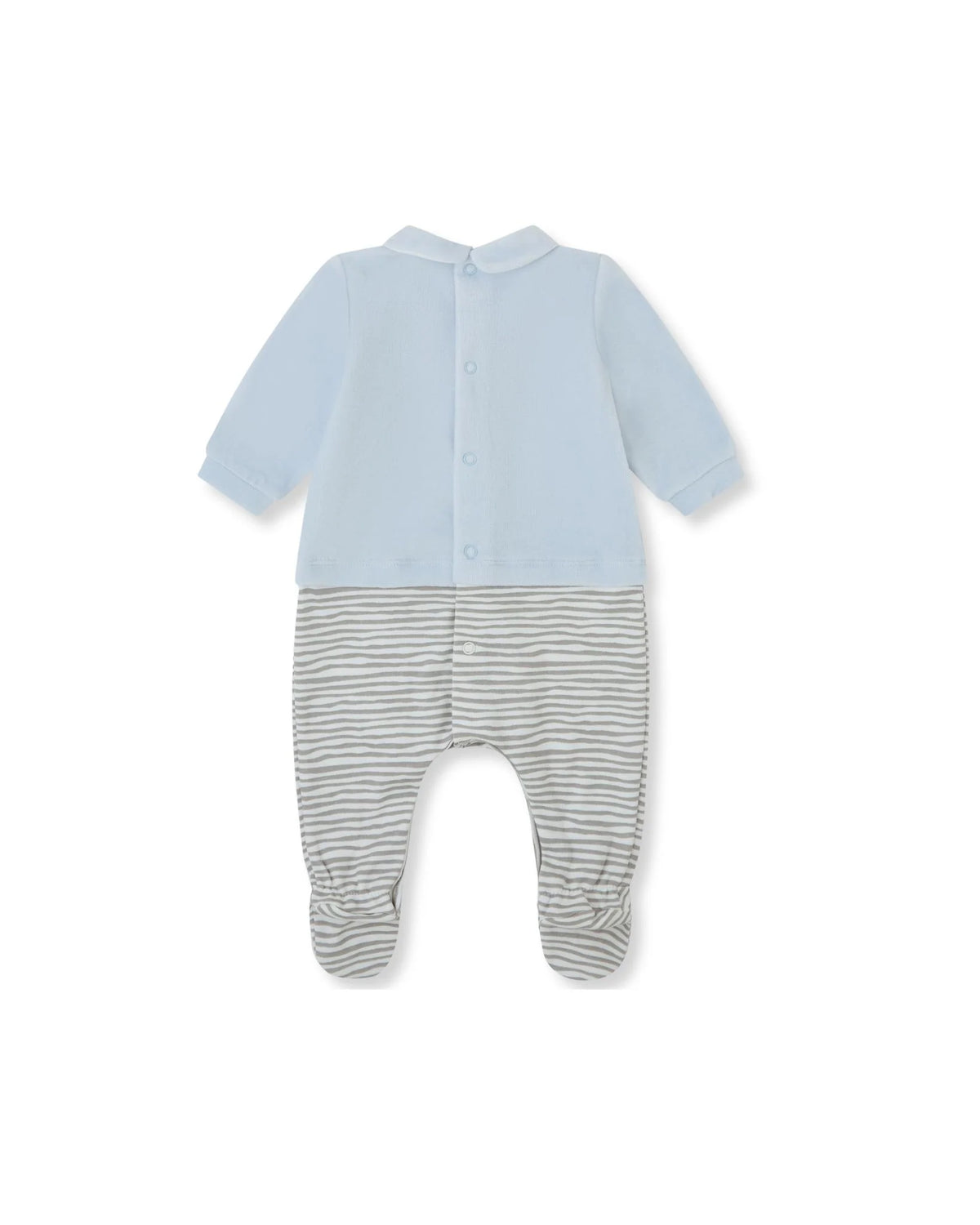 Tutto Piccolo baby boys blue and grey footed romper back view