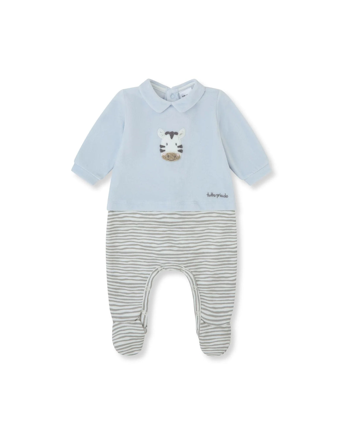 Tutto Piccolo baby boys blue zebra footed romper front view