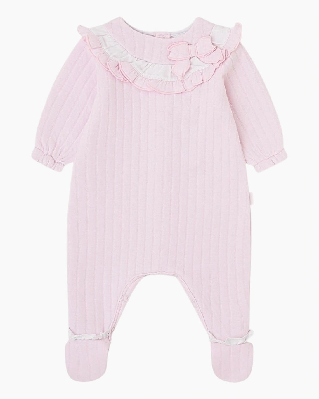 Tutto Piccolo baby girls pink footed romper with ruffle collar and bow