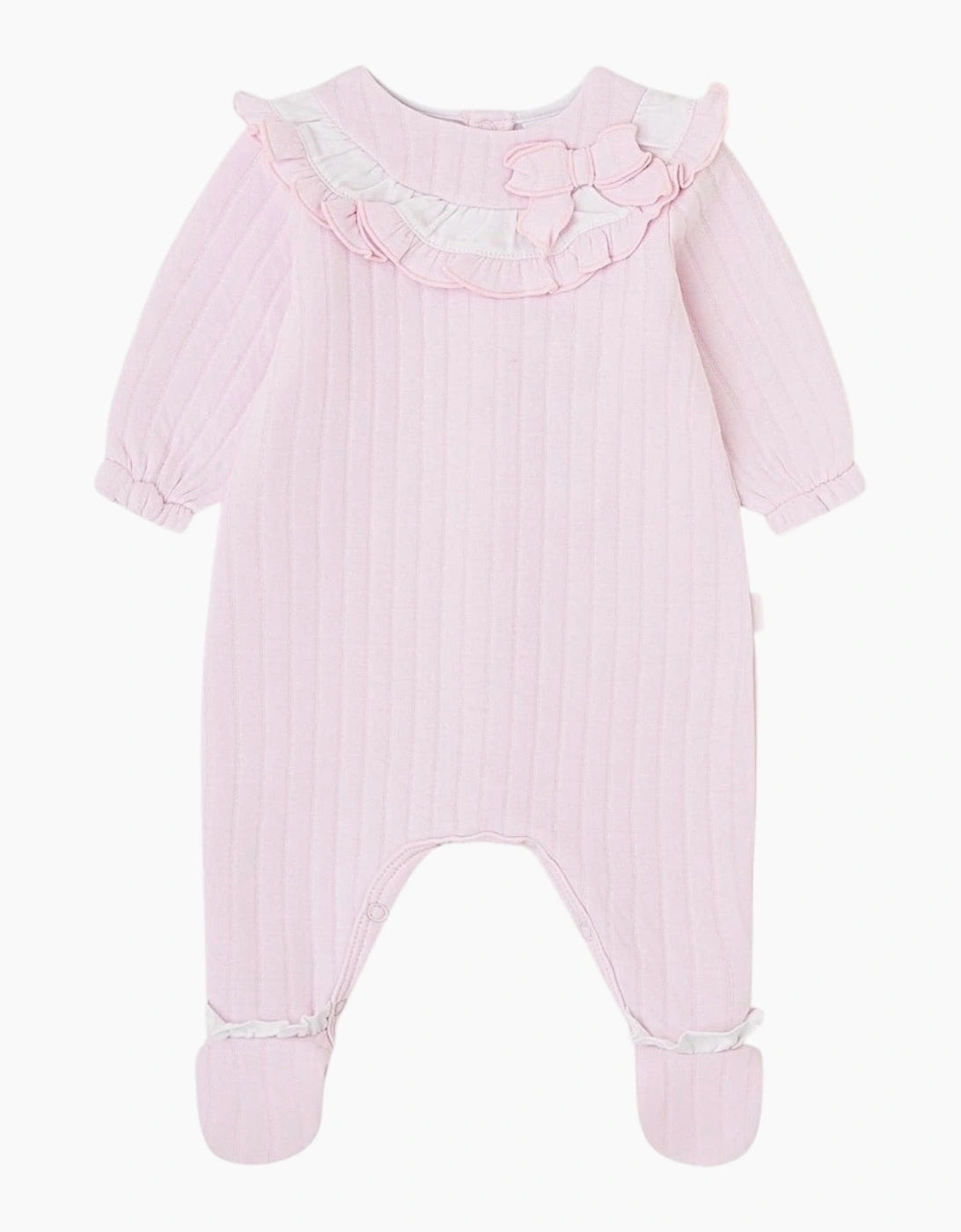 Tutto Piccolo baby girls pink footed romper with ruffle collar and bow