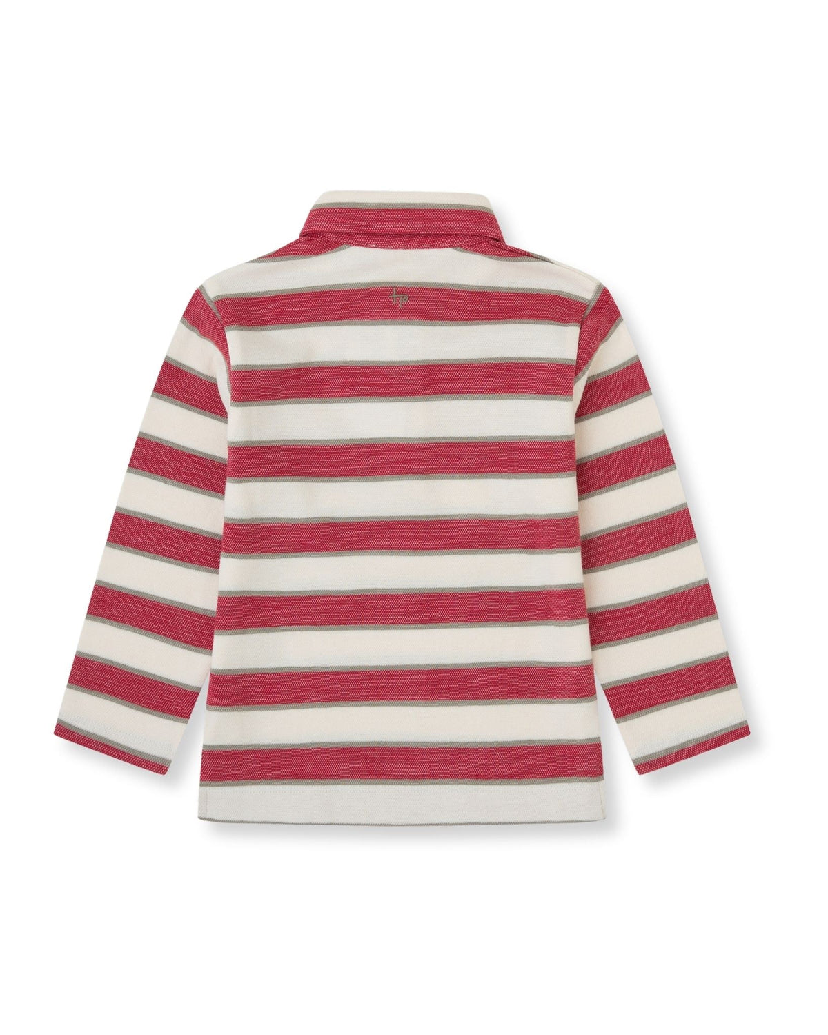 Tutto Piccolo boys carmine and ecru striped long sleeve polo back view