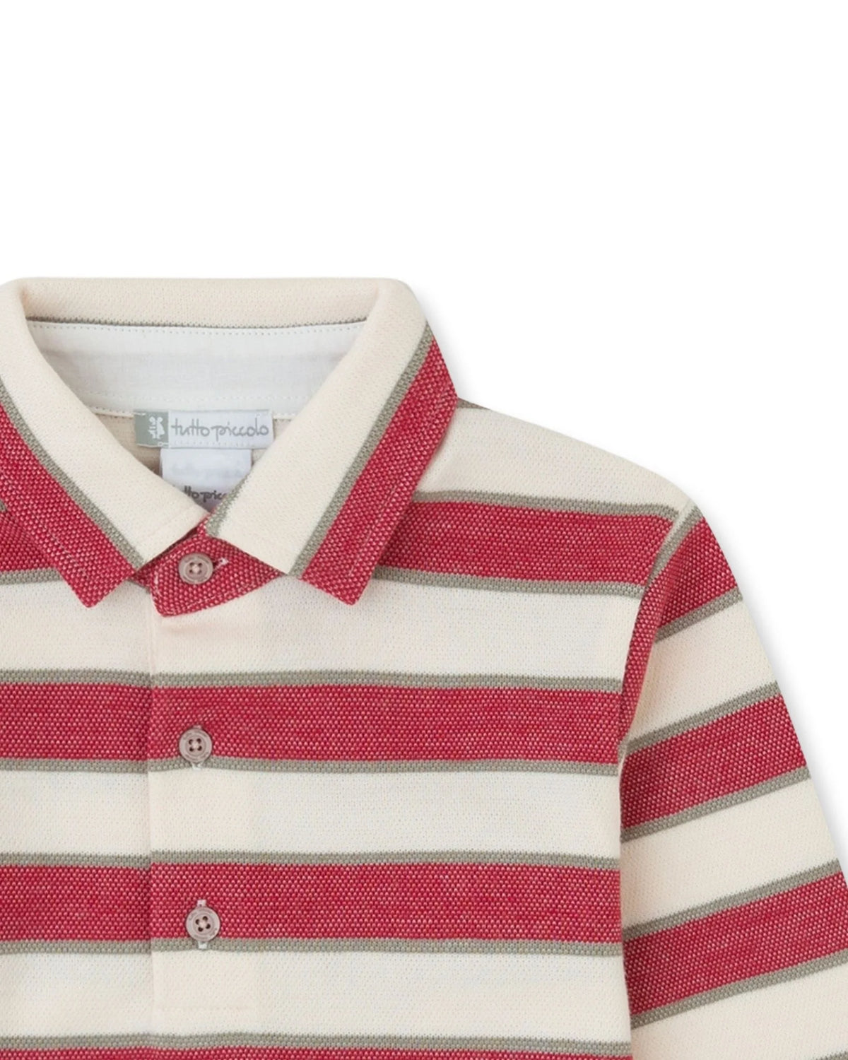Close-up of Tutto Piccolo carmine striped polo collar and button placket