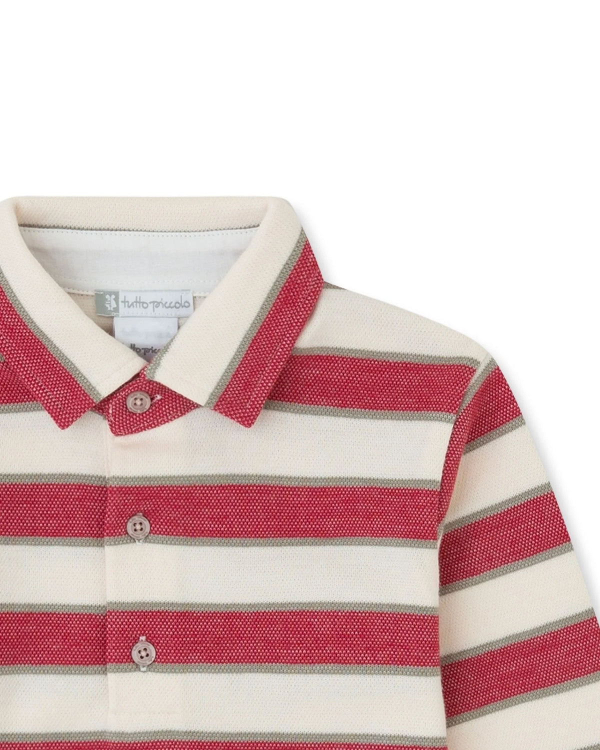Close-up of Tutto Piccolo carmine striped polo collar and button placket