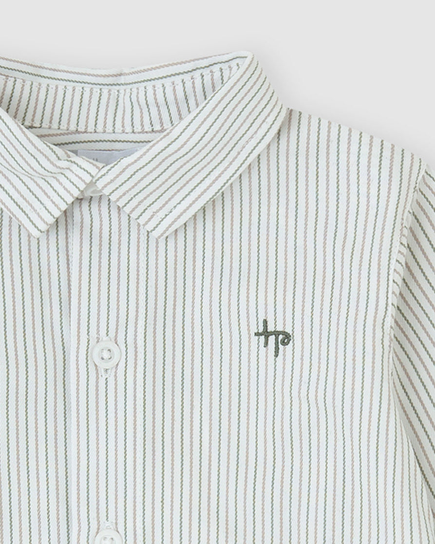 Close-up of Tutto Piccolo boys striped long sleeve shirt collar