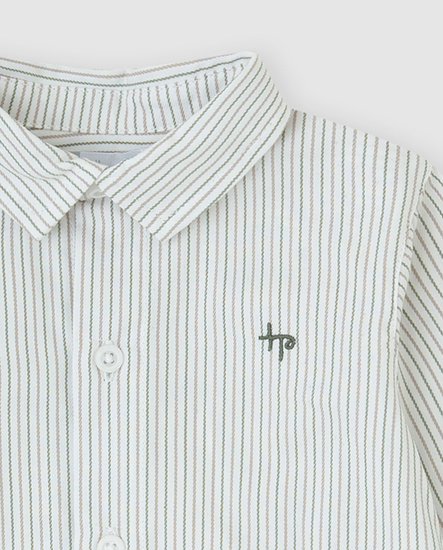 Close-up of Tutto Piccolo boys striped long sleeve shirt collar