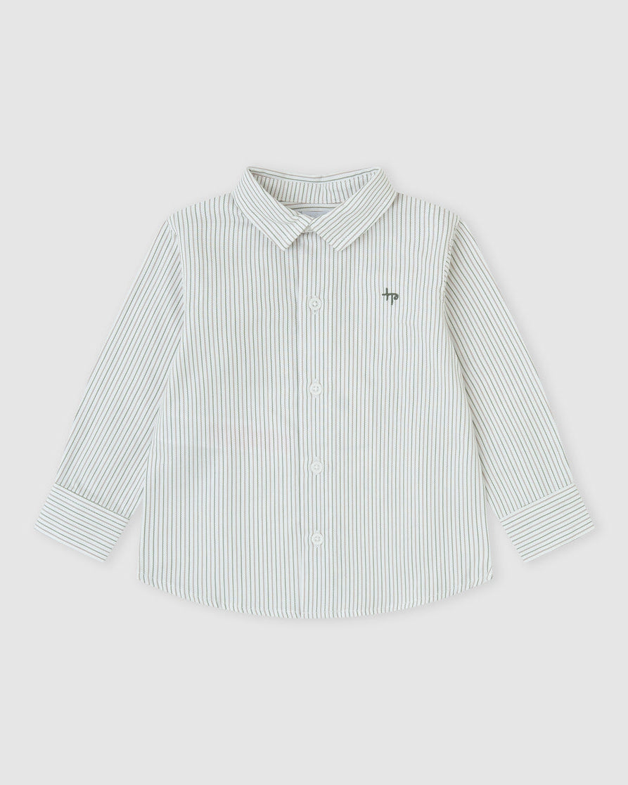Tutto Piccolo green patterned knit sweater layered over striped boys shirt