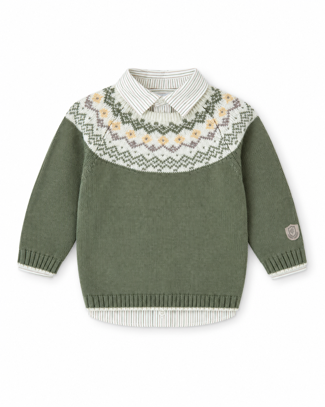 Tutto Piccolo boys green Fair Isle knit sweater and striped shirt set