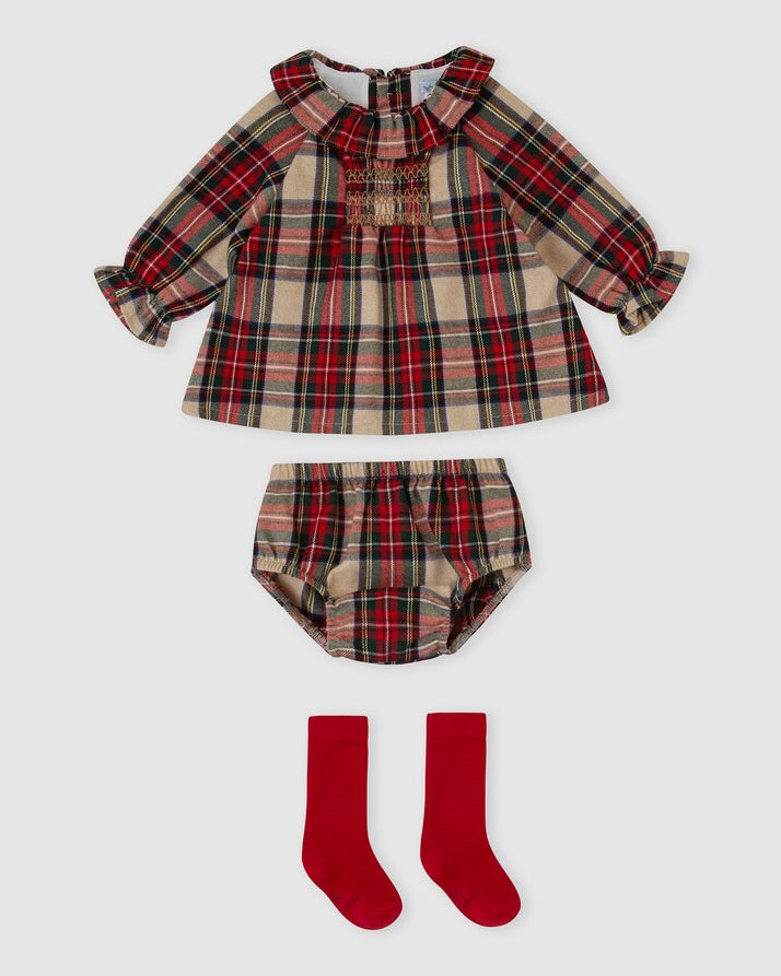 Tutto Piccolo baby girls tartan Christmas dress with matching bloomers and red socks