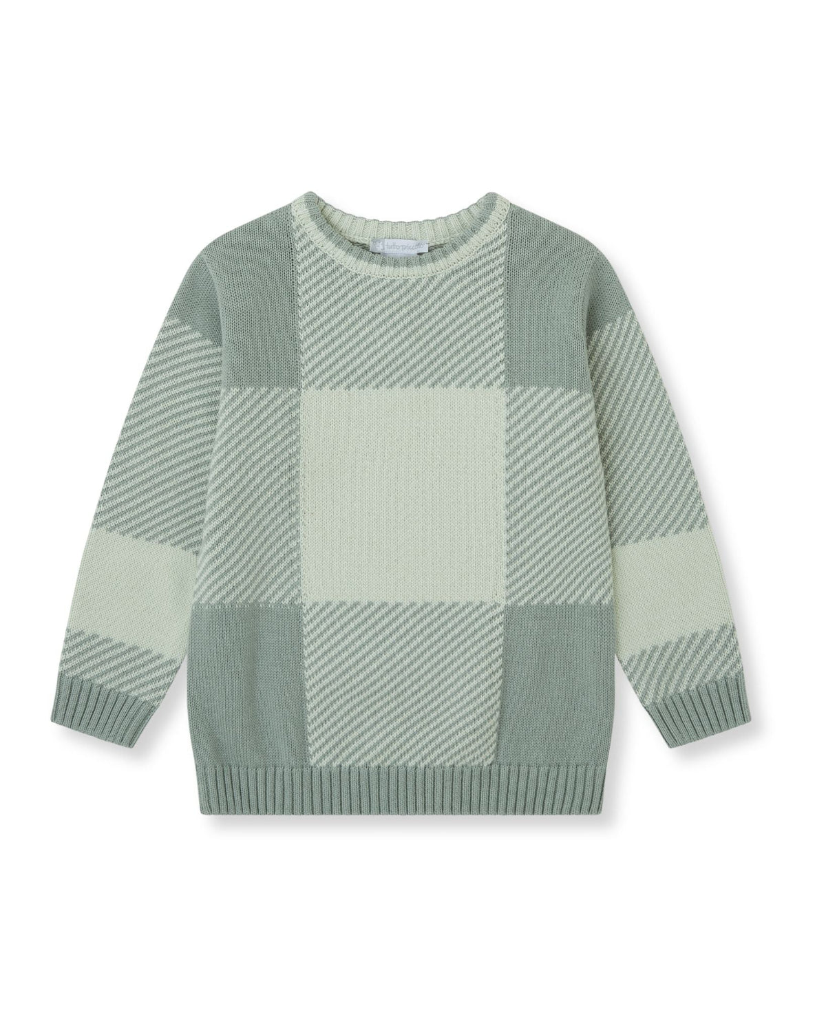 Tutto Piccolo sea green check knit sweater back view
