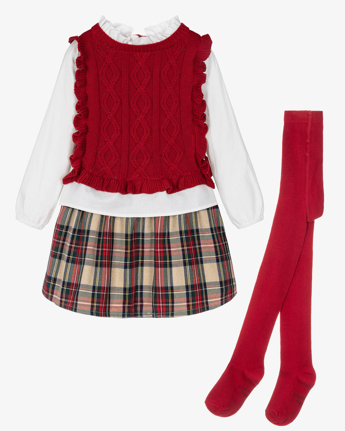 Tutto Piccolo girls red knit top tartan skirt and tights Christmas outfit