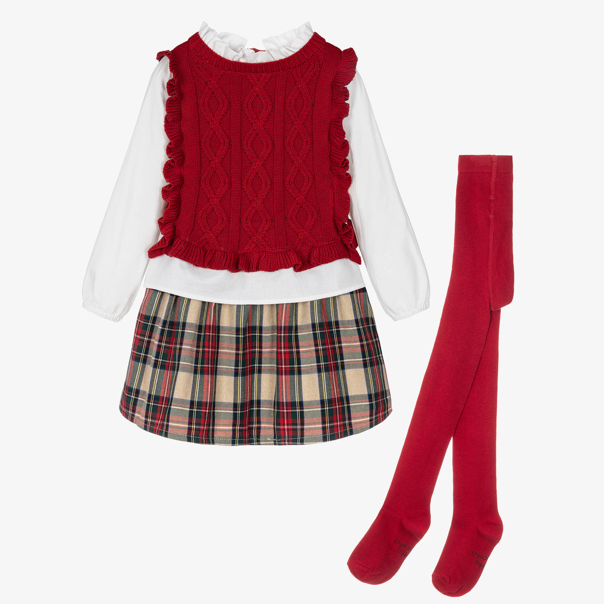 Tutto Piccolo girls red knit top tartan skirt and tights Christmas outfit