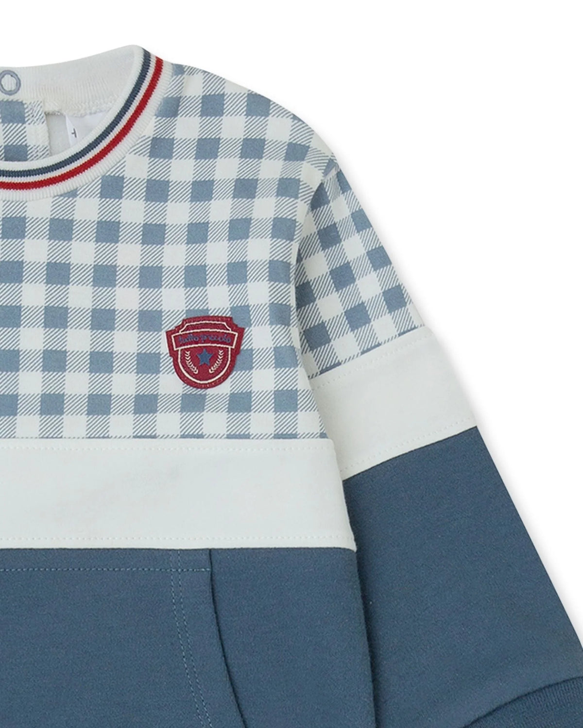 Close-up of Tutto Piccolo indigo gingham boys top with red trim