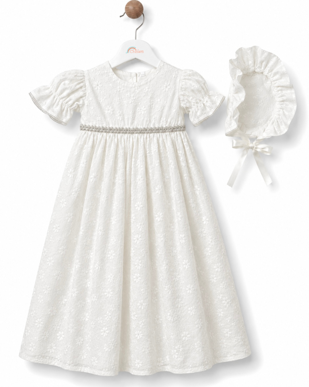 Front view of Visara baby girls pale ivory christening gown and matching bonnet with gathered sleeves and beaded trim