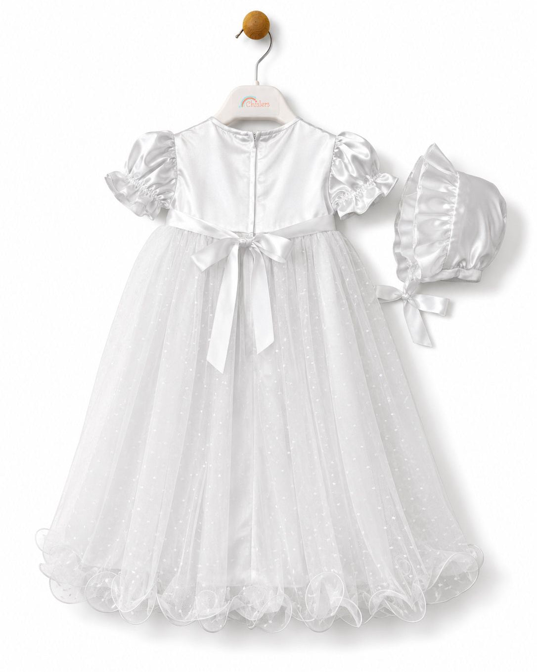 Rear view of Visara white christening gown with satin sash bow and matching bonnet