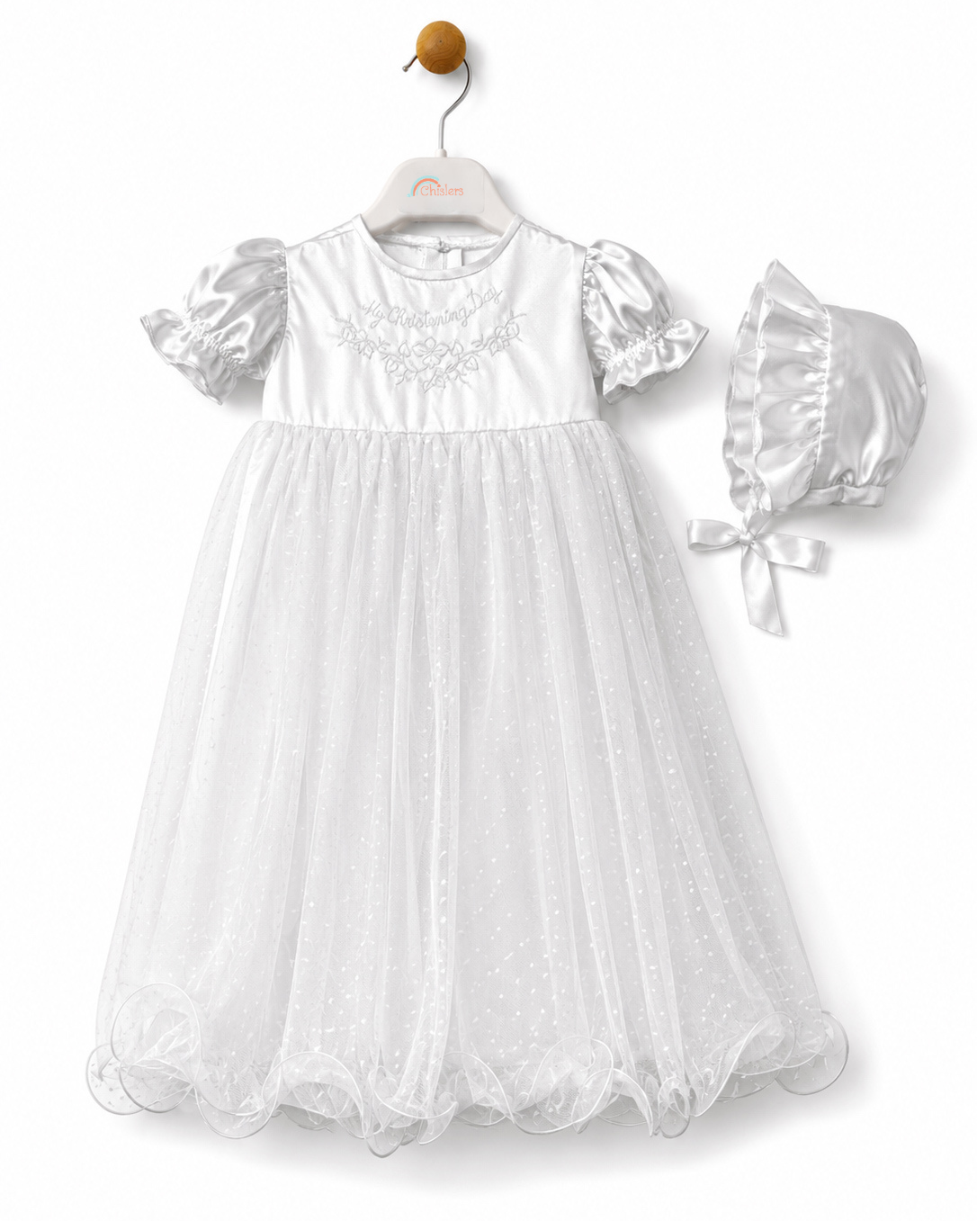 Front view of Visara baby girls white My Christening Day gown with dotted tulle skirt and matching bonnet