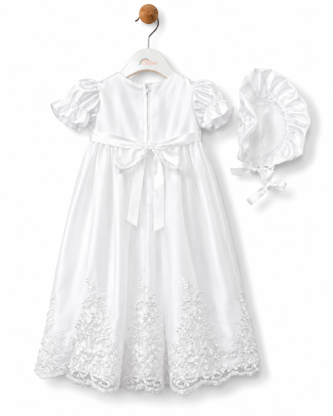 Rear view of Visara baby girls white satin christening gown with back sash bow and matching bonnet