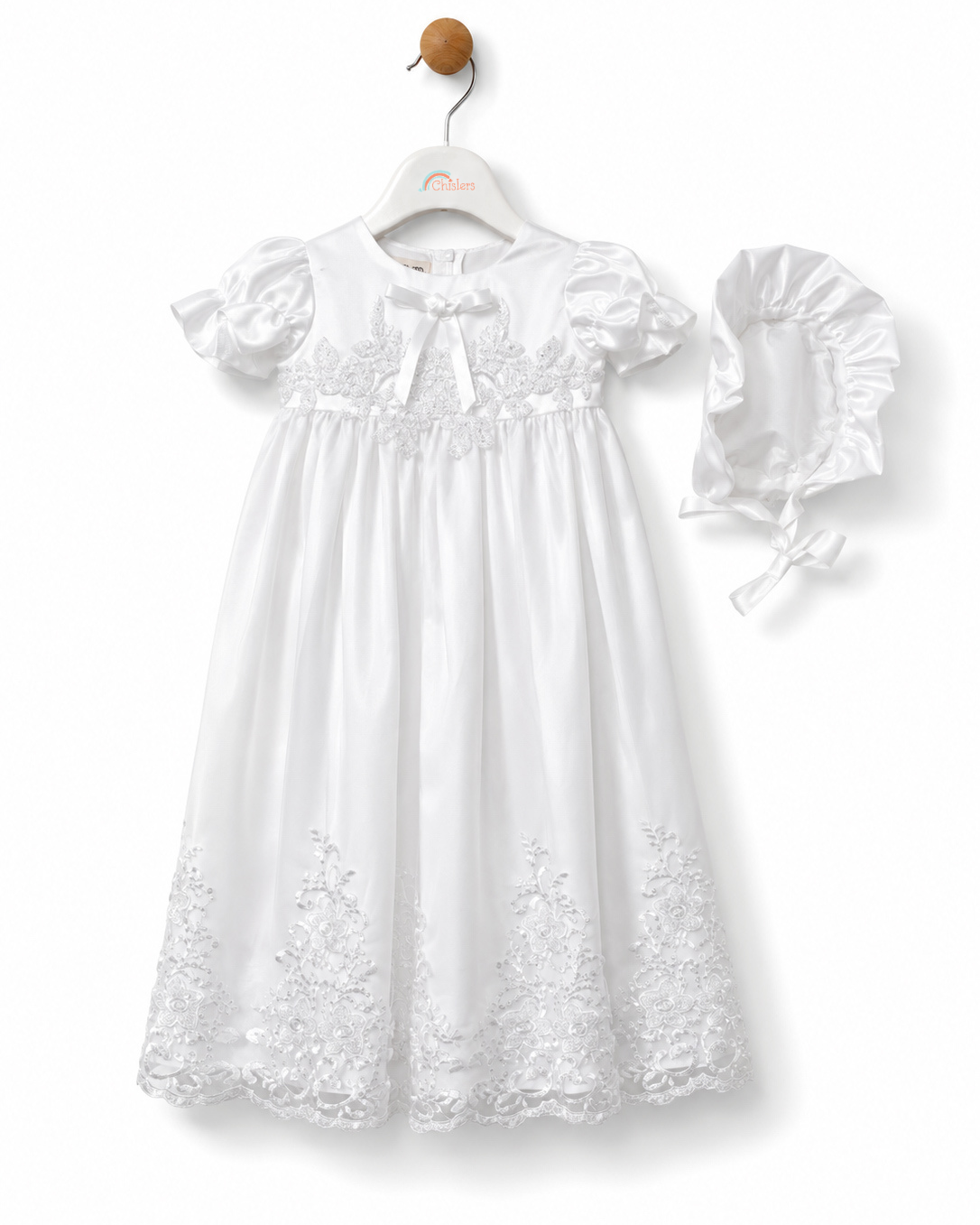 Front view of Visara baby girls white lace christening gown and matching satin bonnet