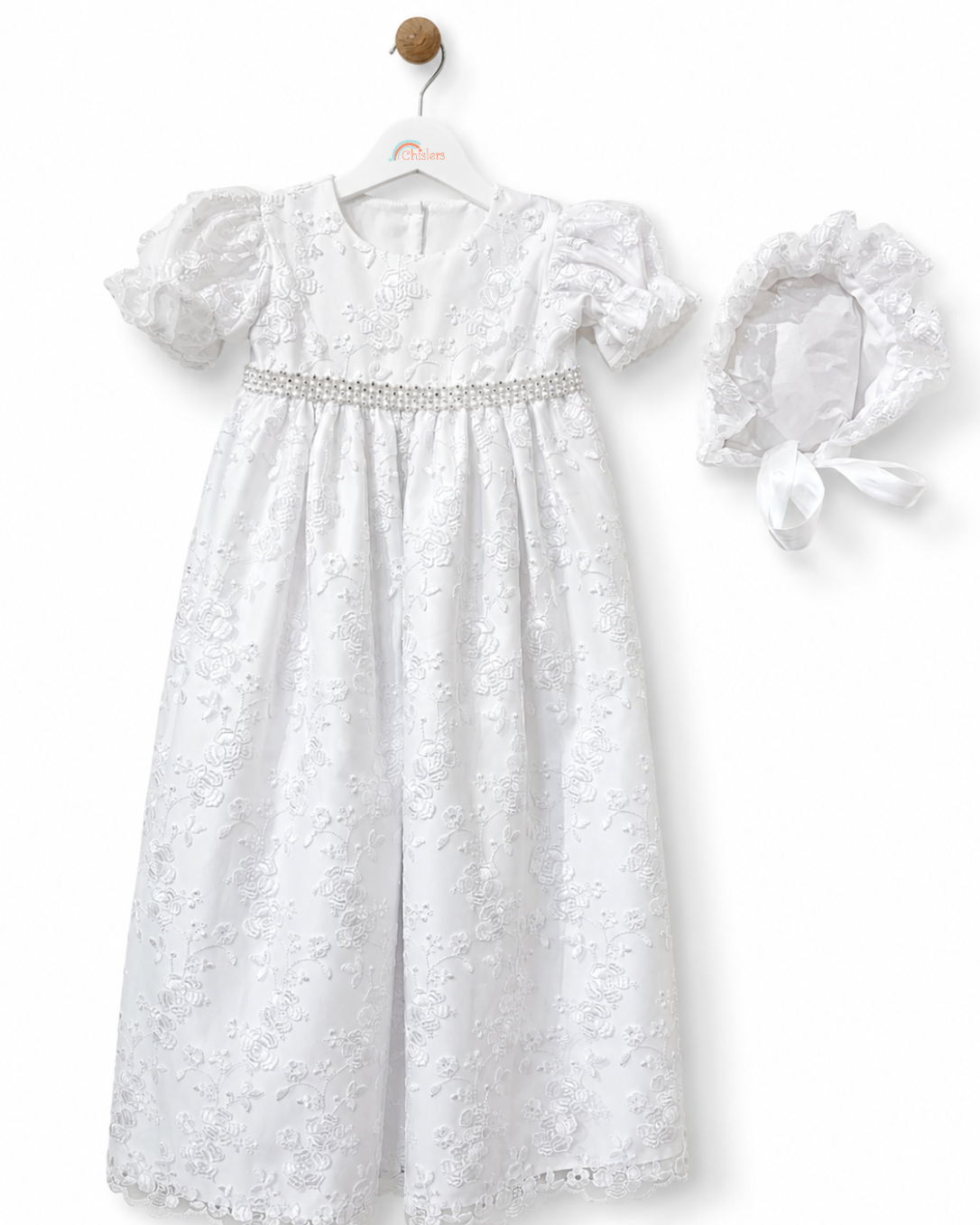 Visara baby girls white rose embroidered christening gown and matching bonnet front view
