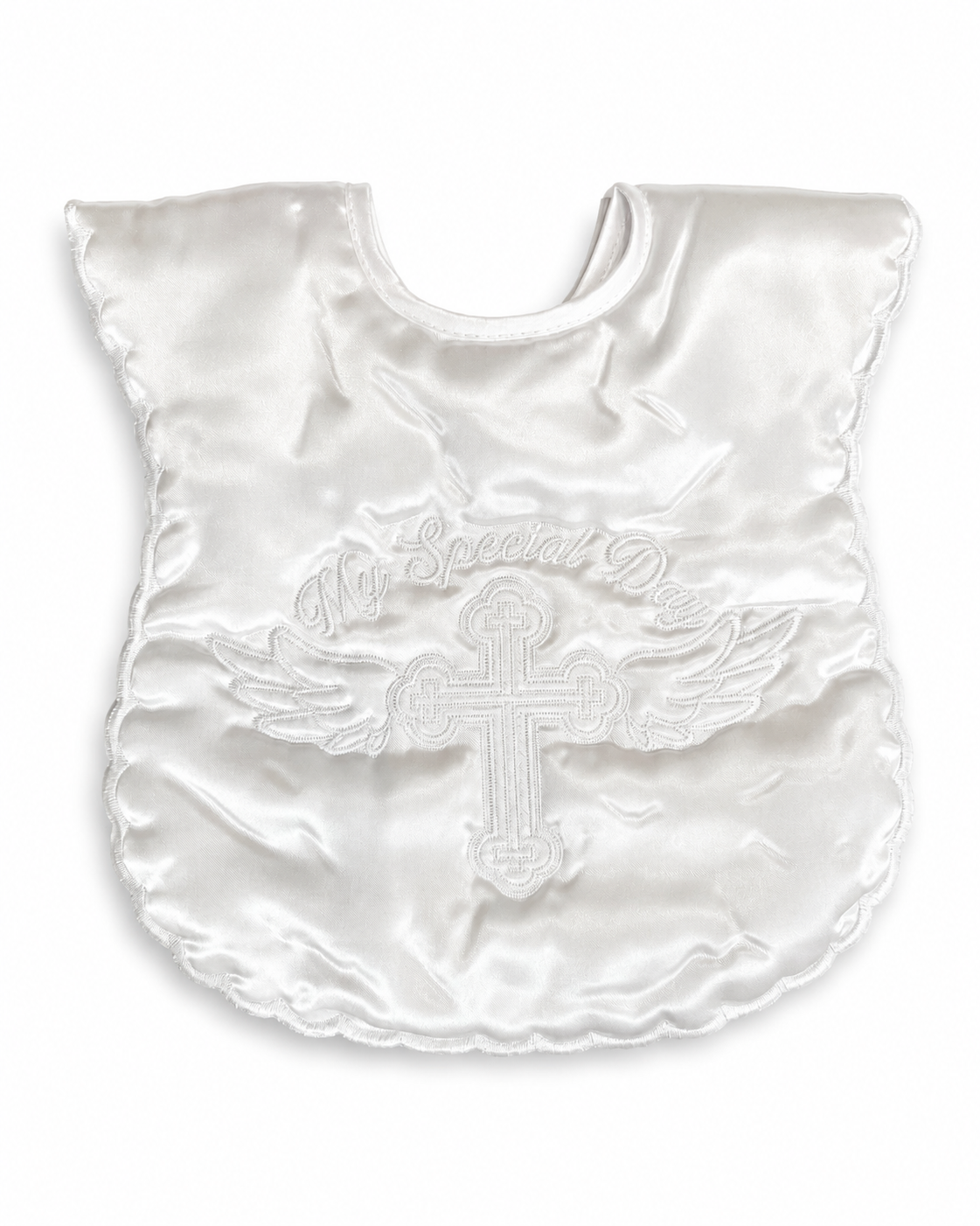 Vivaki white satin baby christening bib with embroidered cross, angel wings and My Special Day wording