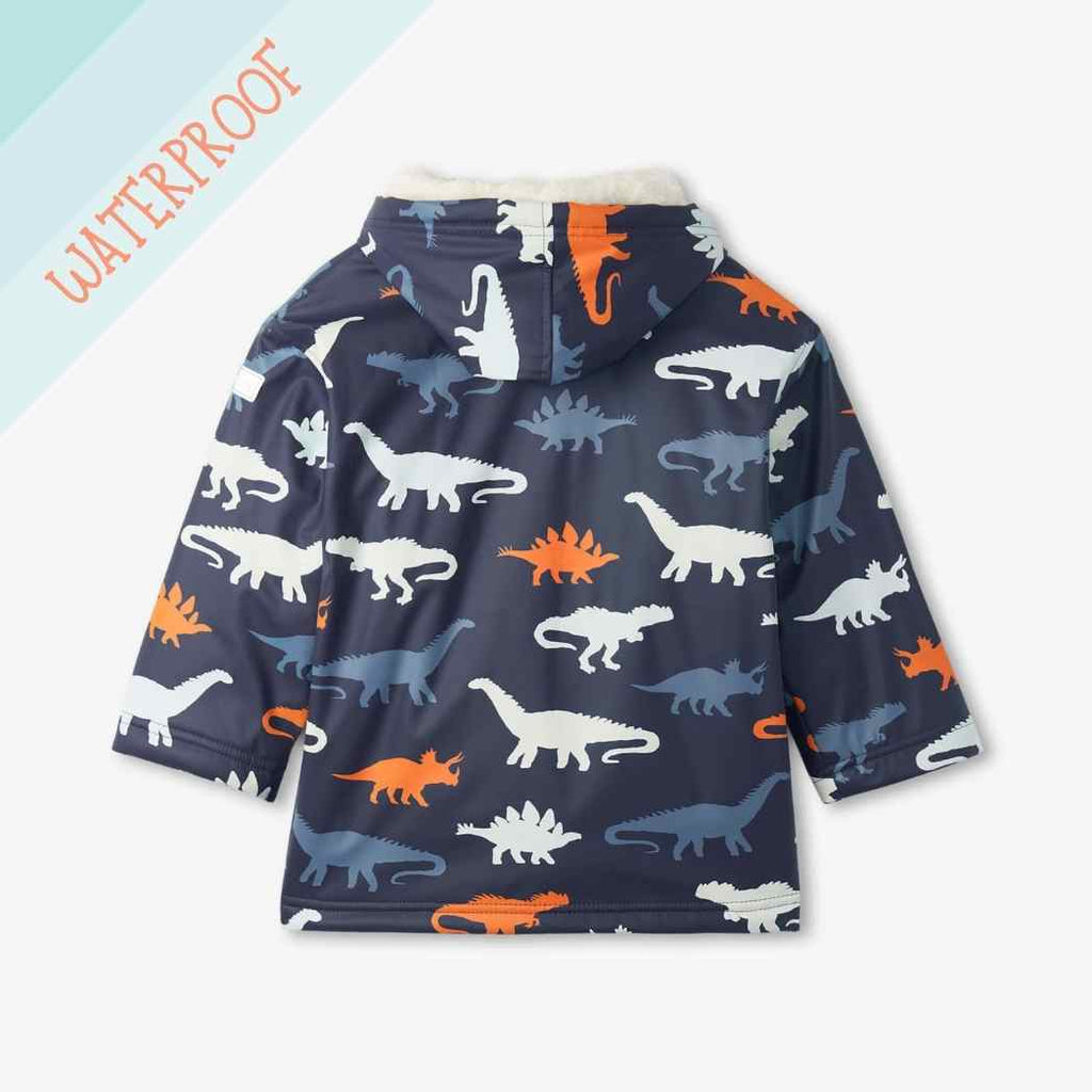 Hatley Dinosaur Silhouettes Boys Blue Colour Changing Raincoat With Sherpa Lining
