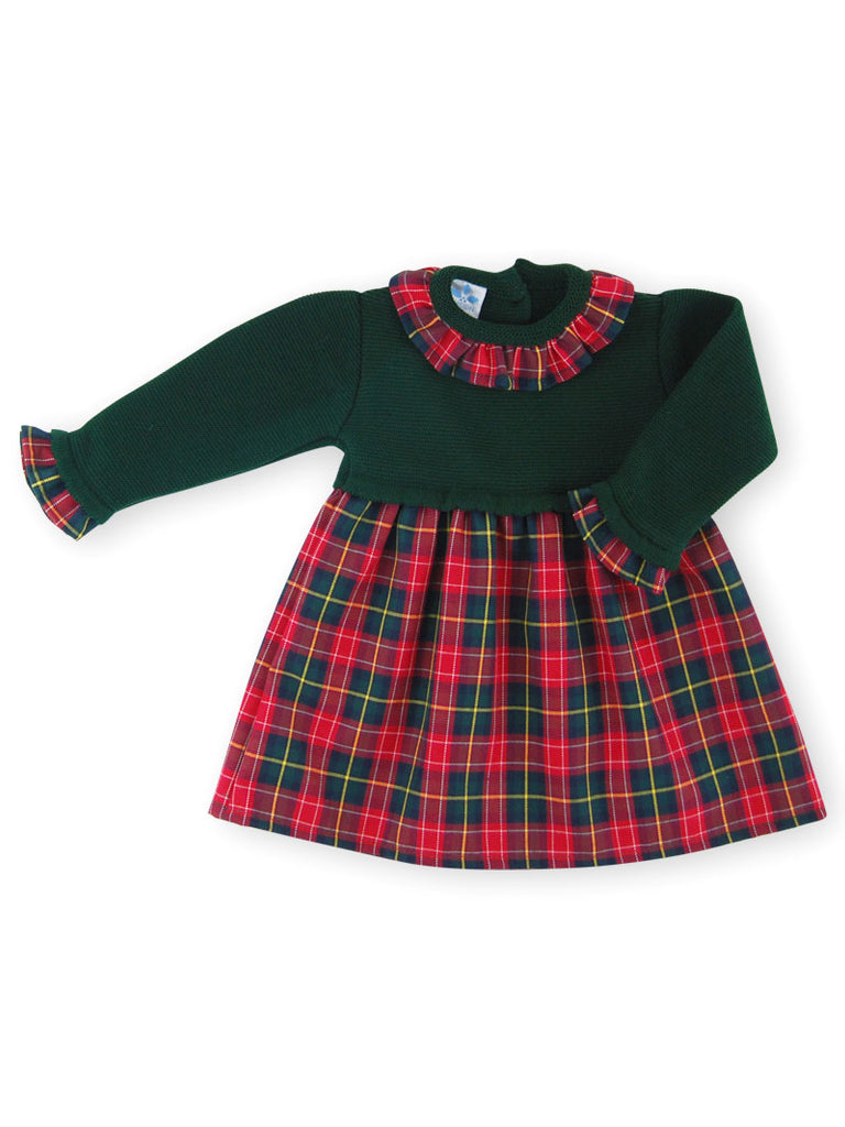 Sardon Knit Green & Red Tartan Christmas Dress For A Baby Girl