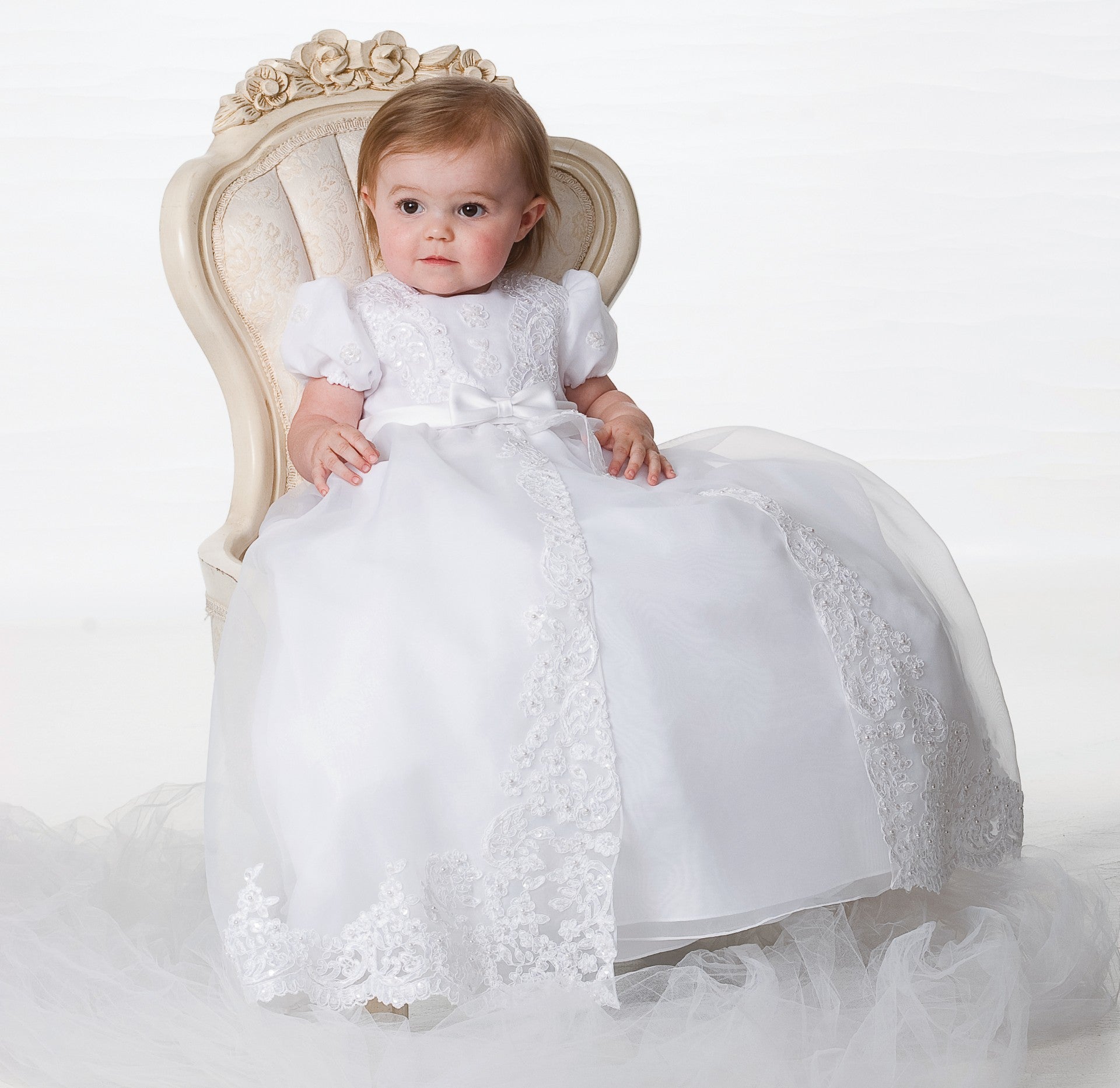 Sarah Louise baby girl white Christening gown with lace, sequins, satin bow and matching bonnet