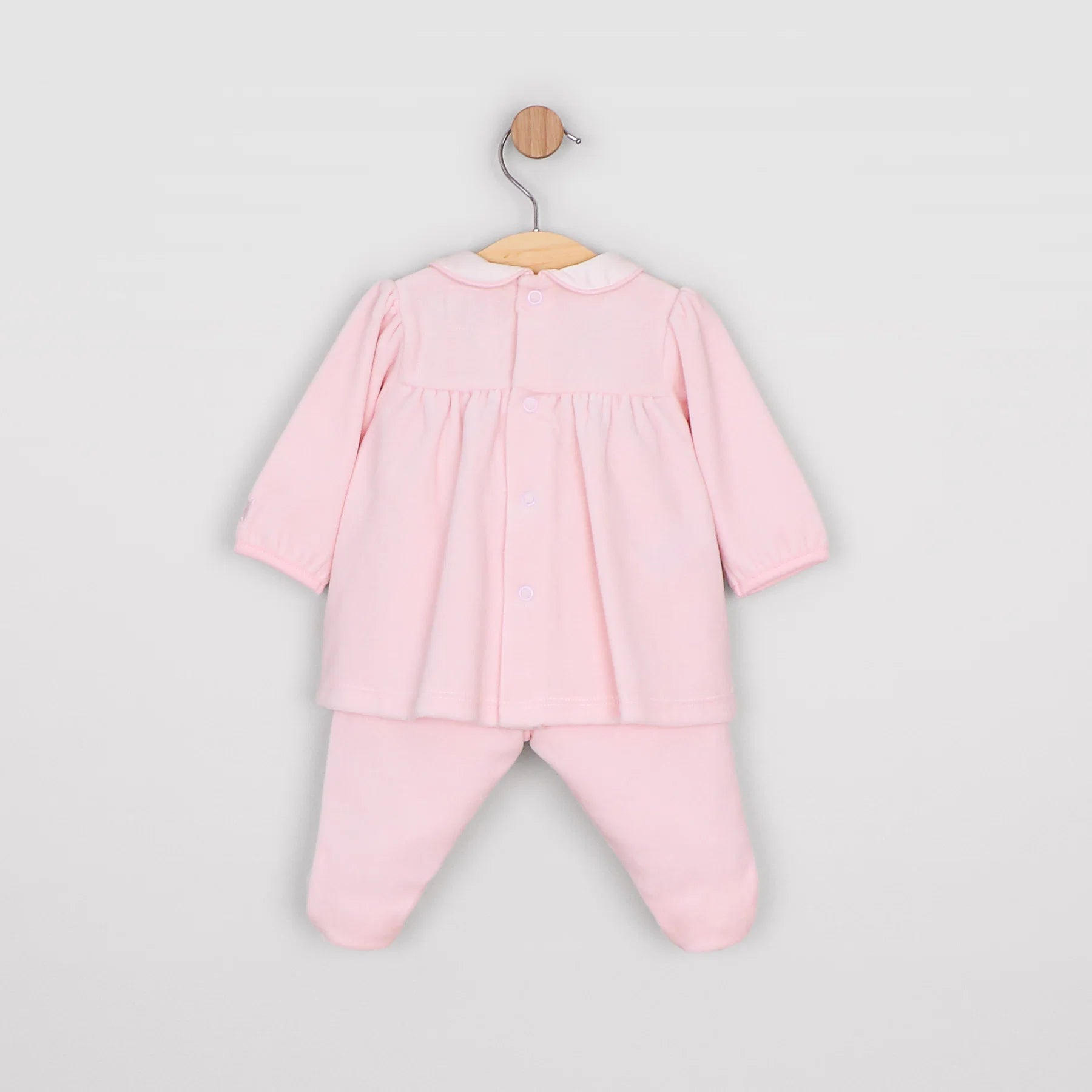 Back view of the Emile et Rose Michelle pale pink baby girls velour outfit set