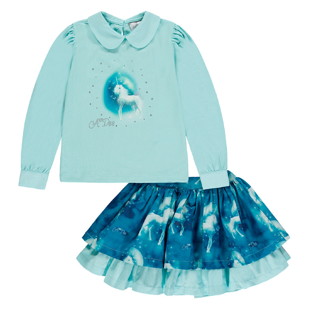 A Dee Destiny Girls Blue Unicorn Skirt & Top Occasion Set