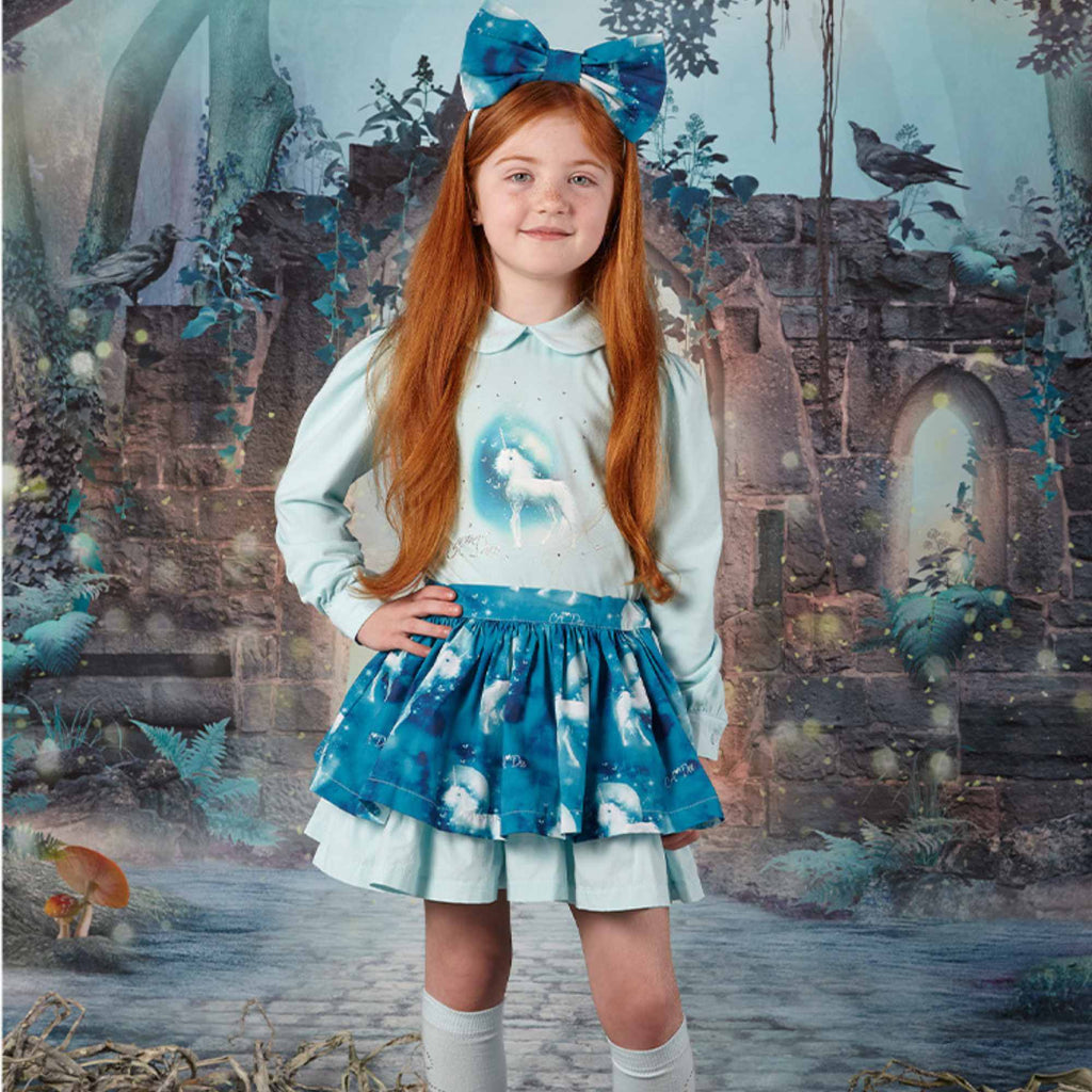 A Dee Destiny Girls Blue Unicorn Skirt & Top Set