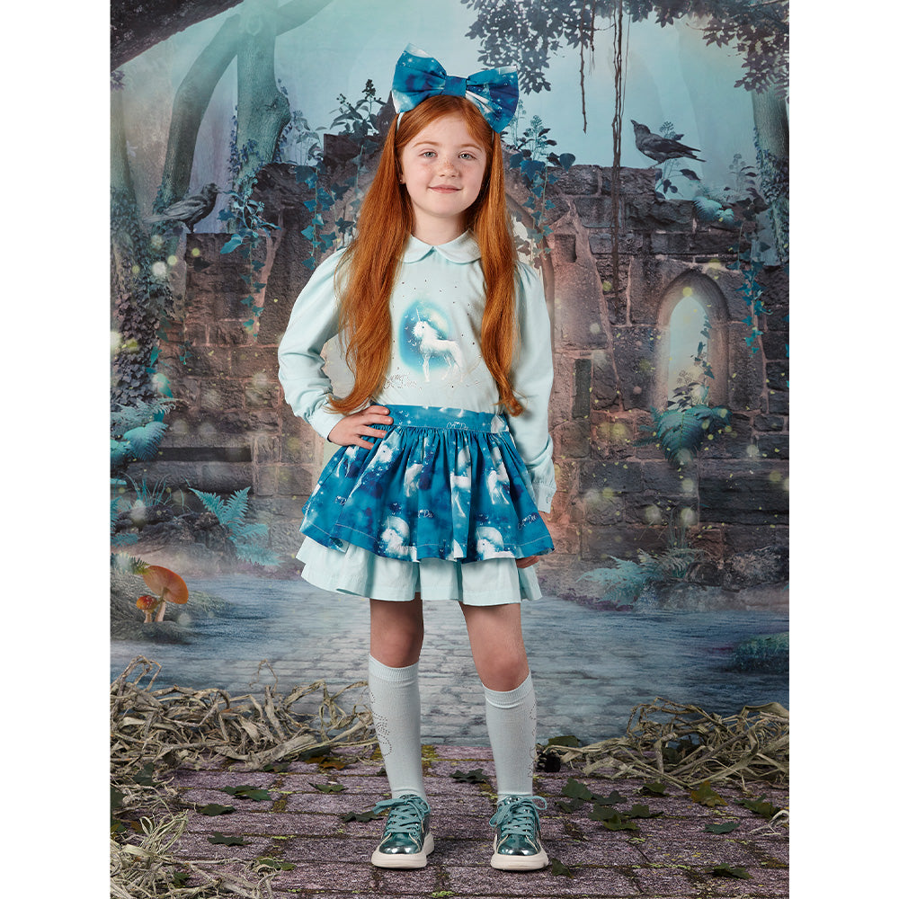 A Dee Destiny Girls Blue Unicorn Skirt & Top Party Outfit