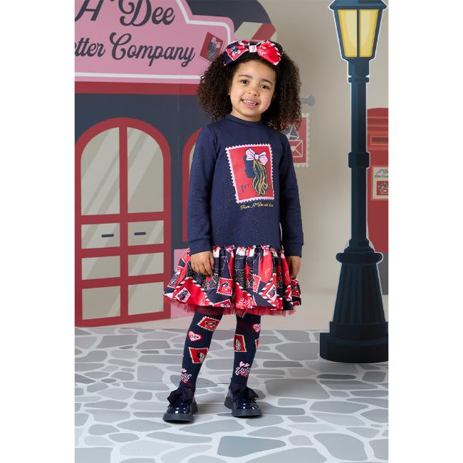 A Dee Girls Ruth Navy Jersey Stamp Print Party Dress