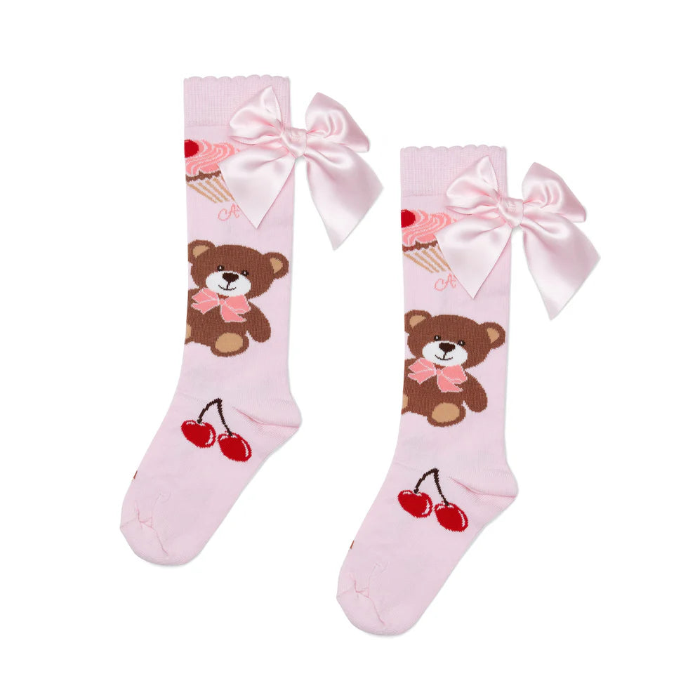 A Dee Teddy Bear pink knee-high socks for girls with satin bows – product image