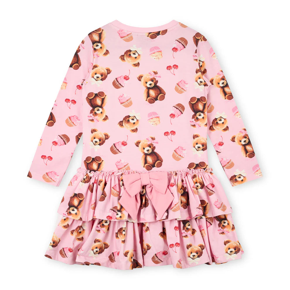 A Dee Liberty Teddy Bear Bakery print girls dress – back view with bow