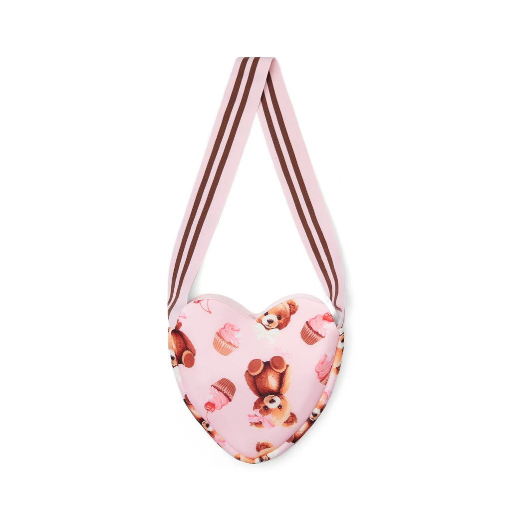 	A Dee Louise girls pink heart bag with teddy bear bakery print – front view